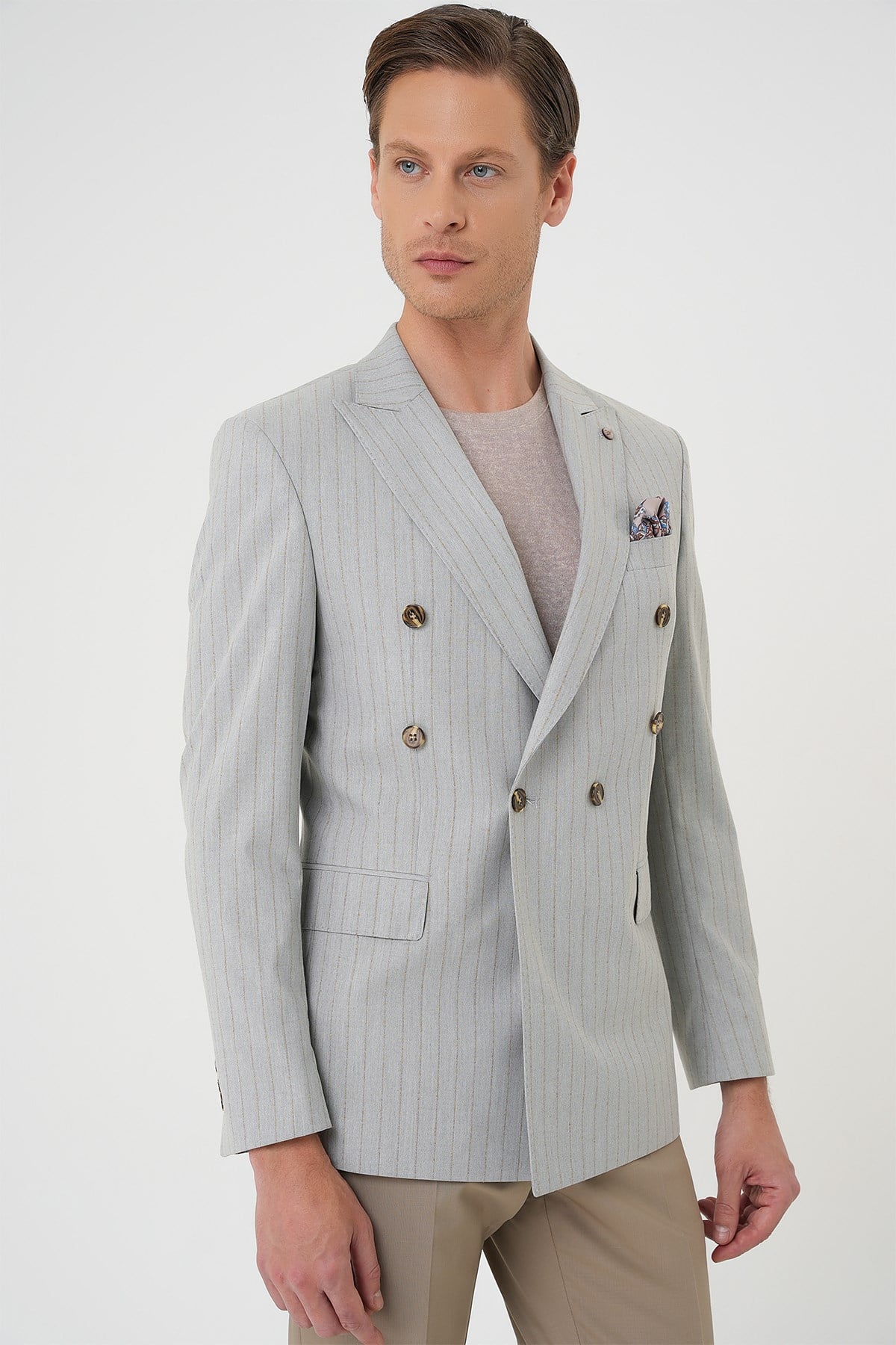 Slim Fit Çift Yırtmaç Çizgili Esnek Yünlü Kruvaze Gri Ceket C 704