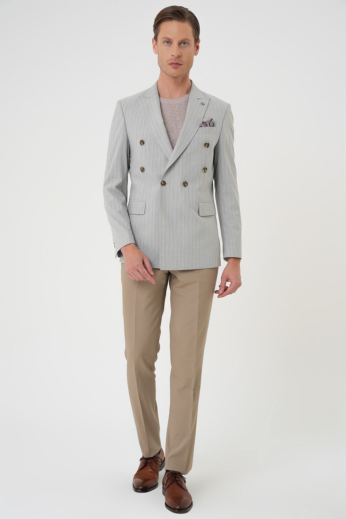 Slim Fit Çift Yırtmaç Çizgili Esnek Yünlü Kruvaze Gri Ceket C 704