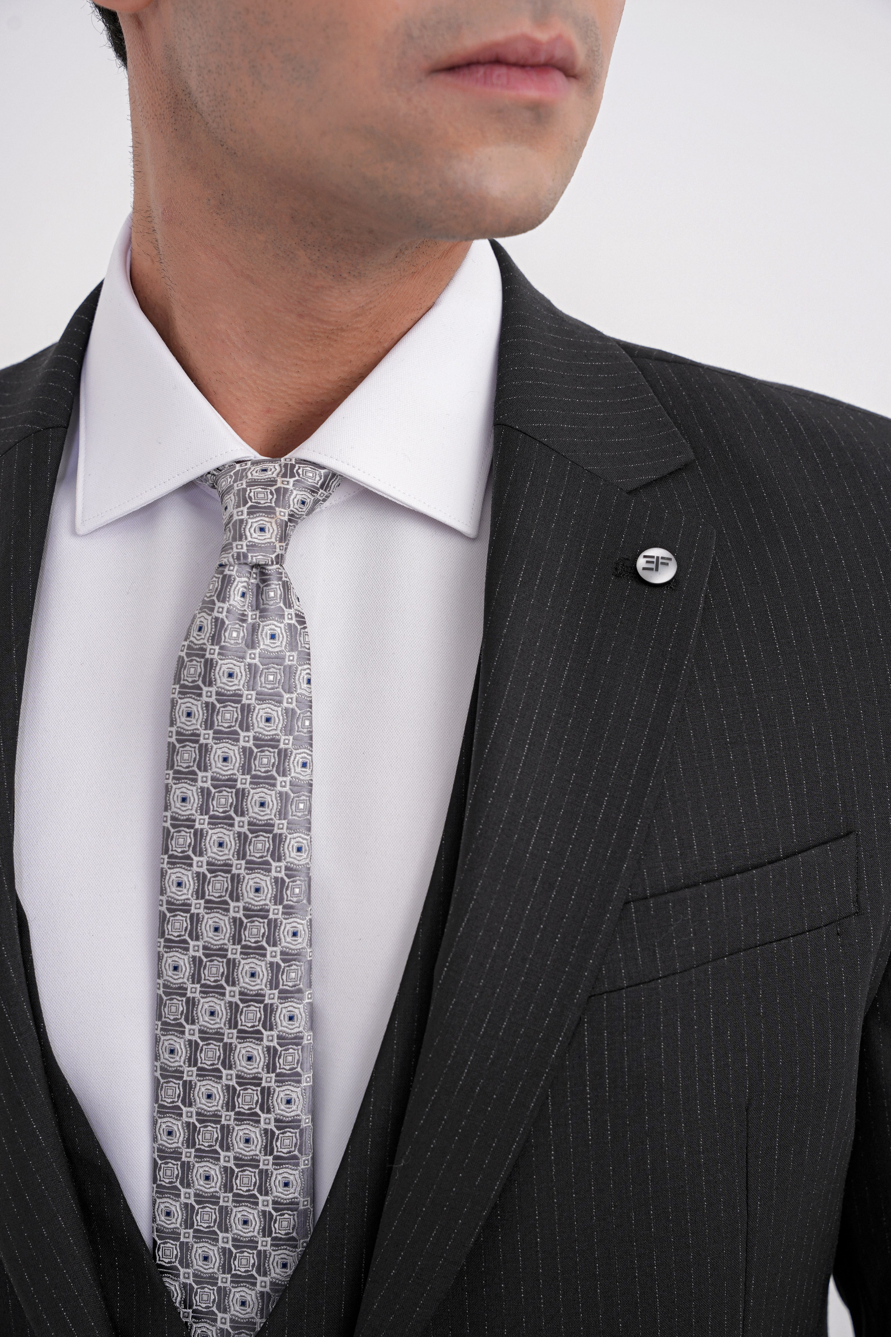 Slim Fit Çift Yırtmaç Çizgili Esnek Yünlü Siyah Yelekli Klasik Takım Elbise TK 935