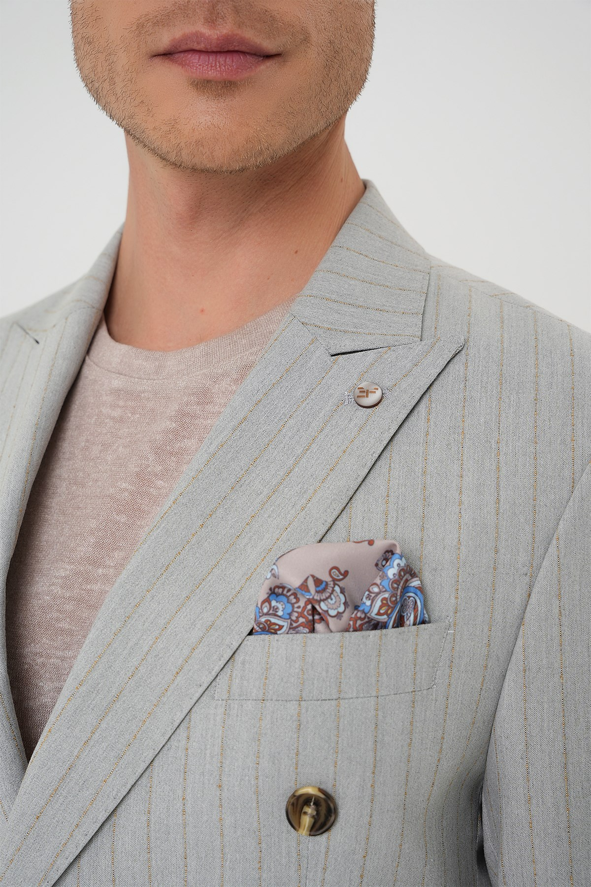 Slim Fit Çift Yırtmaç Çizgili Esnek Yünlü Kruvaze Gri Ceket C 704