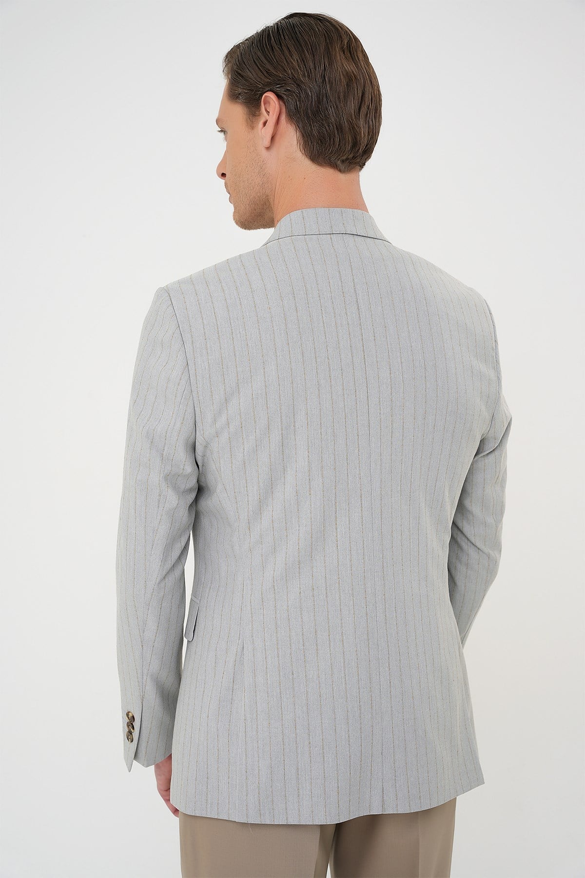 Slim Fit Çift Yırtmaç Çizgili Esnek Yünlü Kruvaze Gri Ceket C 704