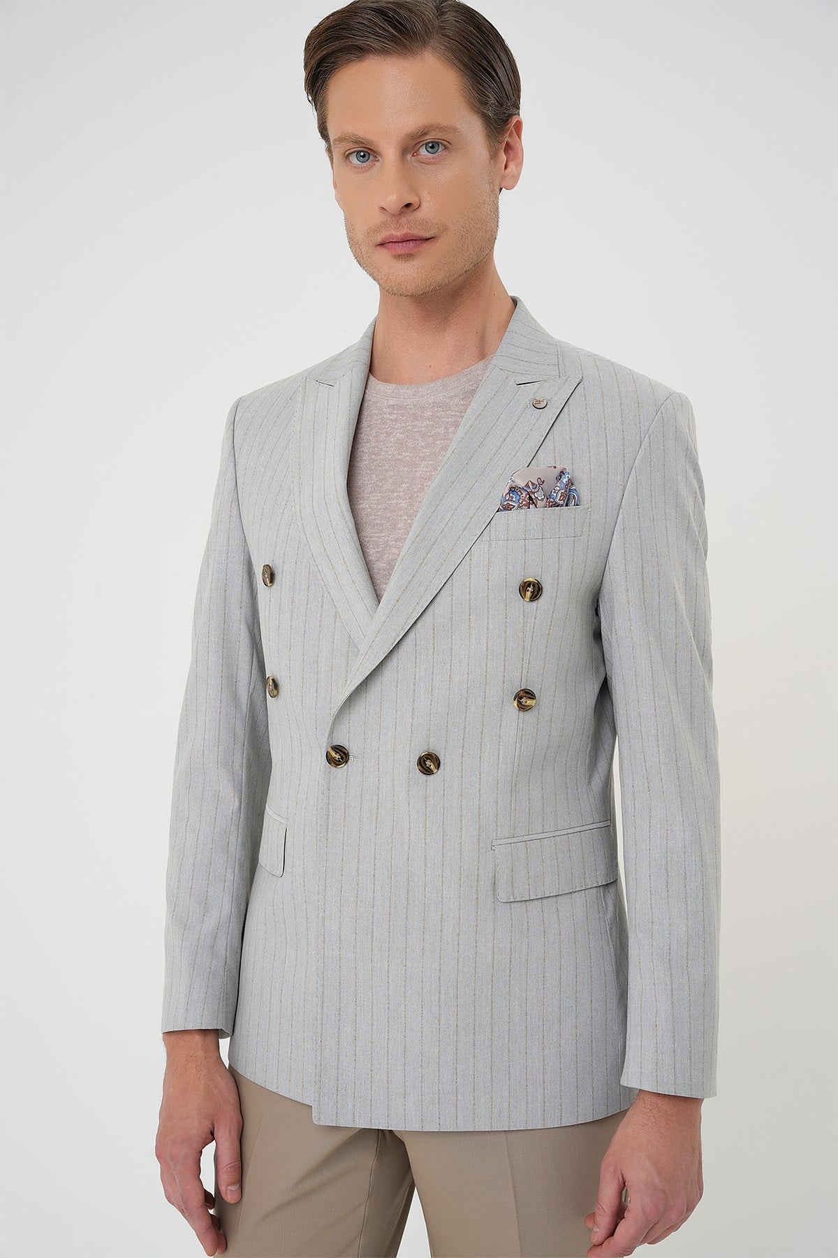Slim Fit Çift Yırtmaç Çizgili Esnek Yünlü Kruvaze Gri Ceket C 704