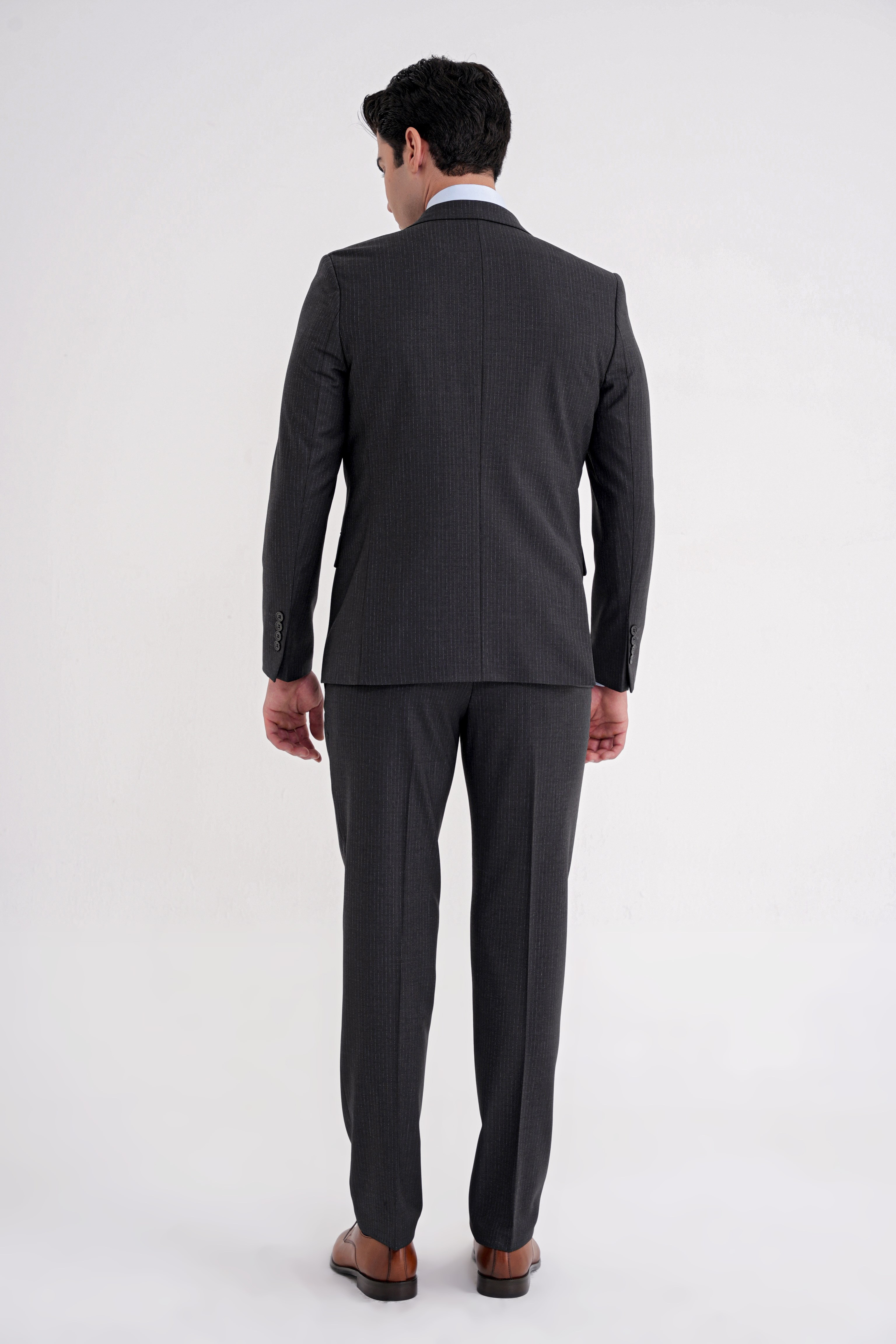 Slim Fit Çift Yırtmaç Çizgili Esnek Yünlü Antrasit Yelekli Klasik Takım Elbise TK 935