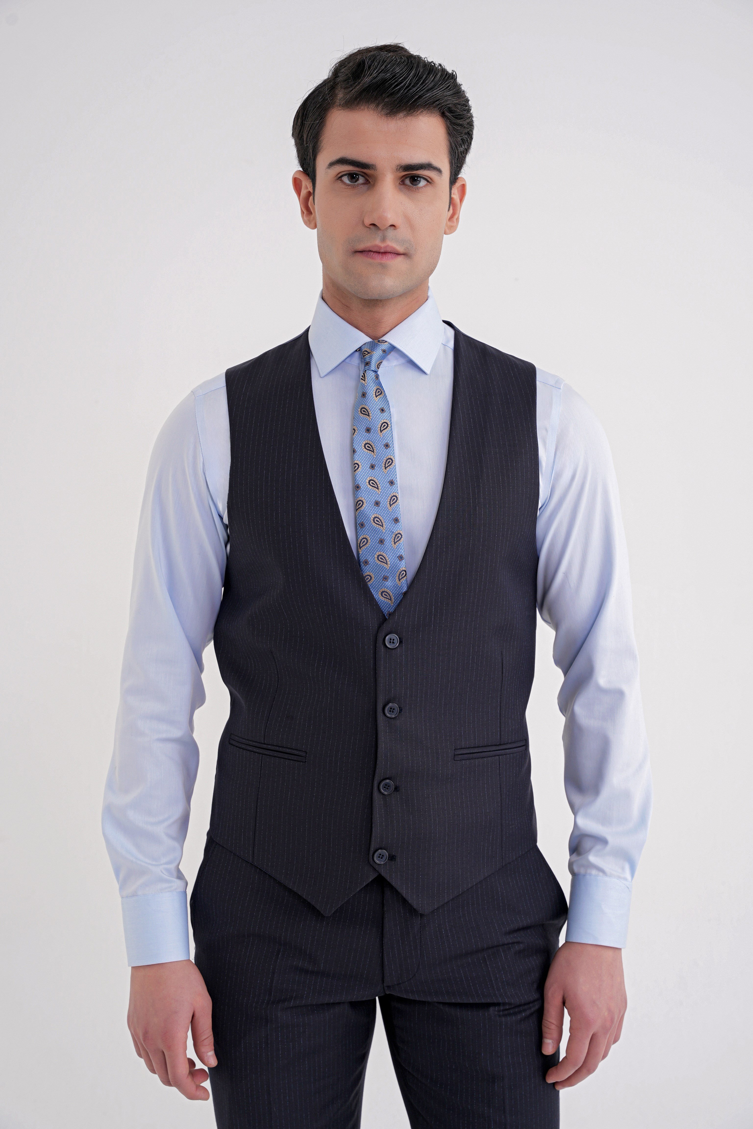 Slim Fit Çift Yırtmaç Çizgili Esnek Yünlü Lacivert Yelekli Klasik Takım Elbise TK 935