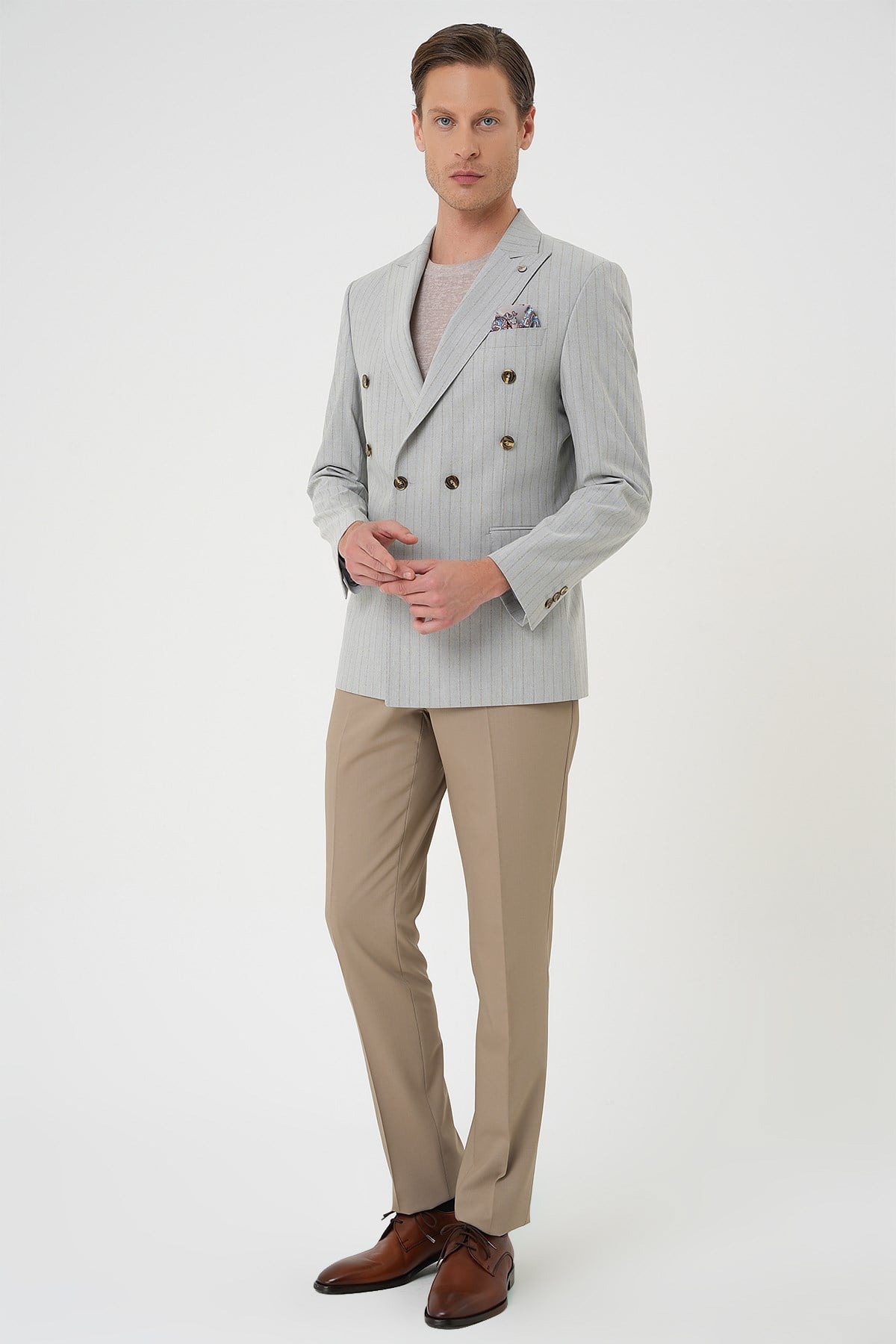 Slim Fit Çift Yırtmaç Çizgili Esnek Yünlü Kruvaze Gri Ceket C 704
