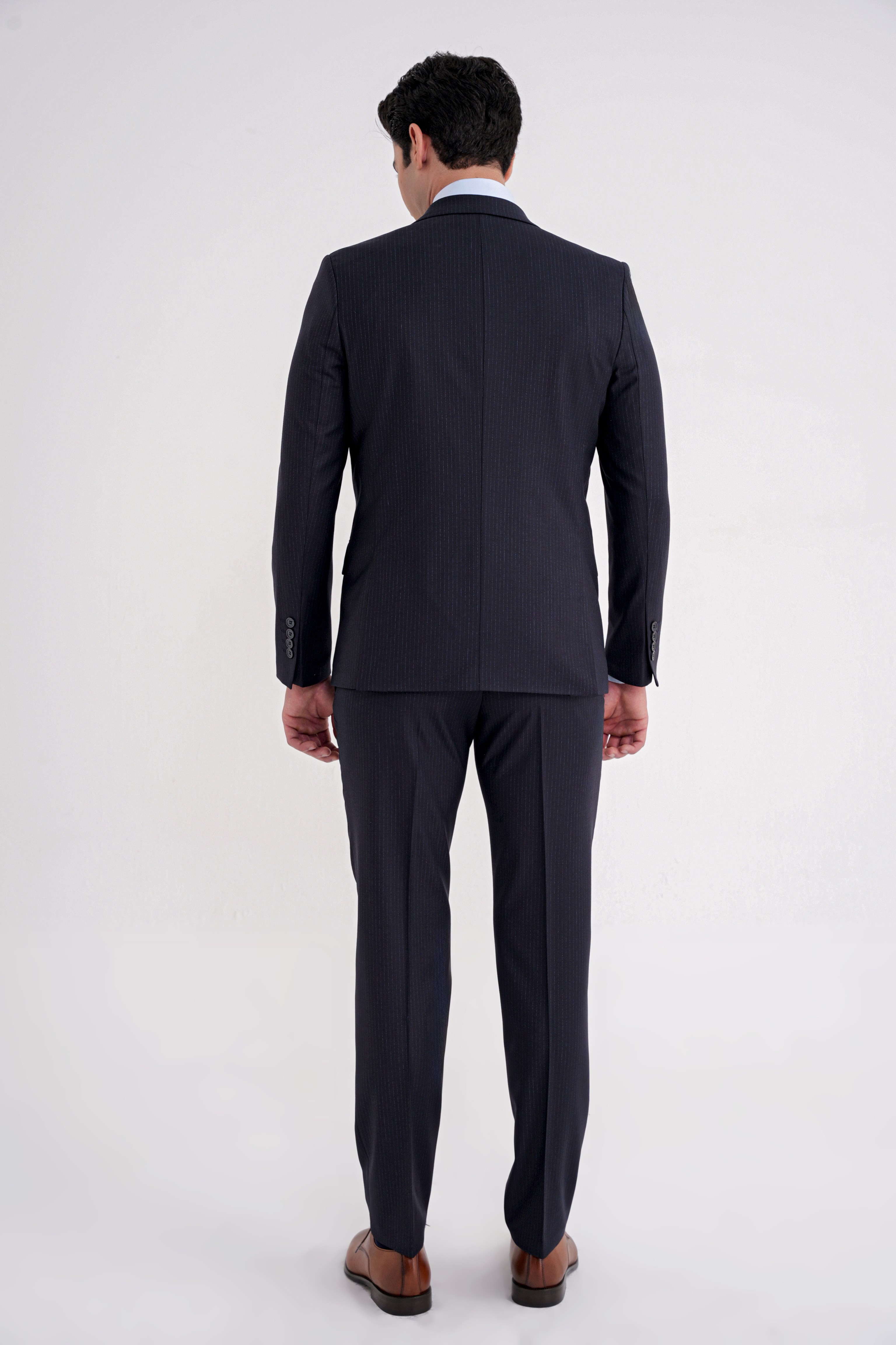 Slim Fit Çift Yırtmaç Çizgili Esnek Yünlü Lacivert Yelekli Klasik Takım Elbise TK 935