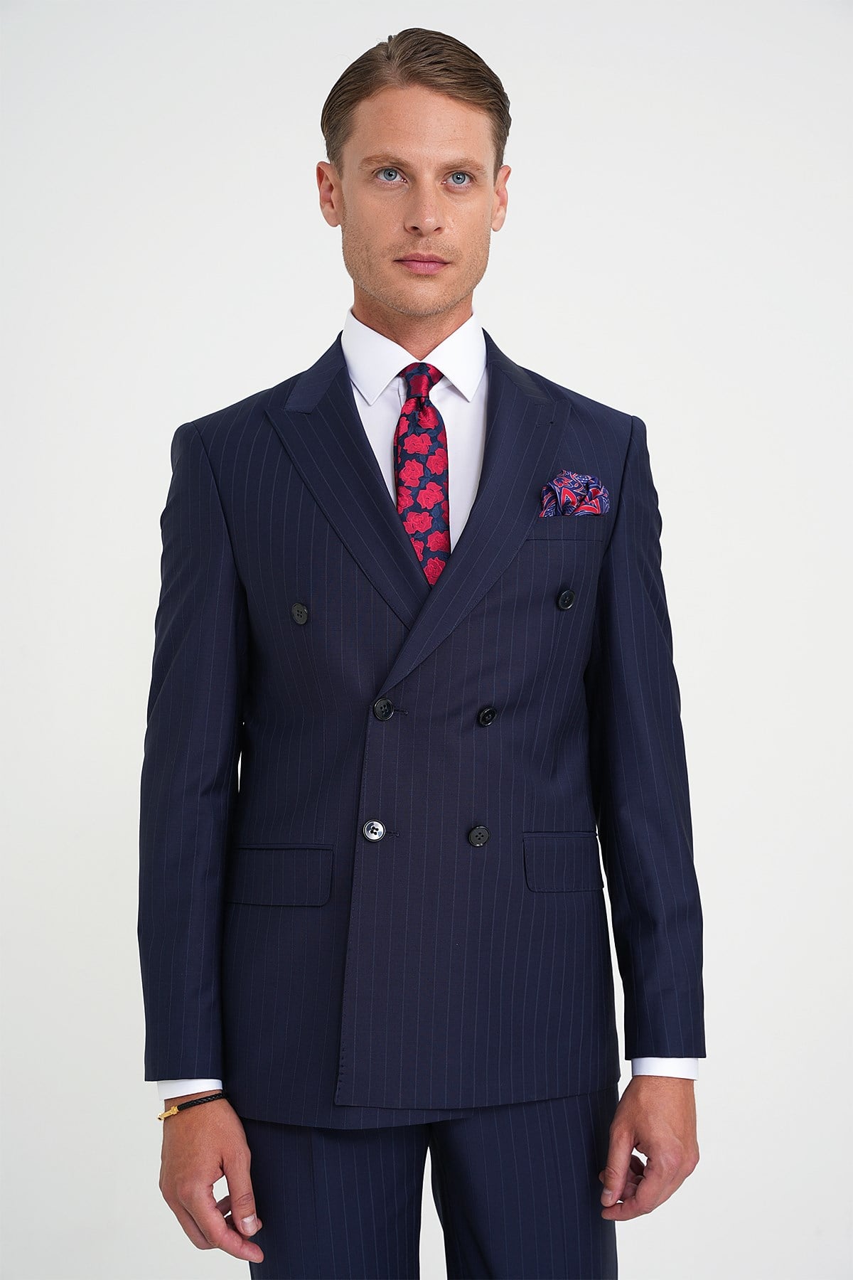 Slim Fit Çift Yırtmaç Çizgili Kruvaze Klasik Lacivert Takım Elbise Tk 925