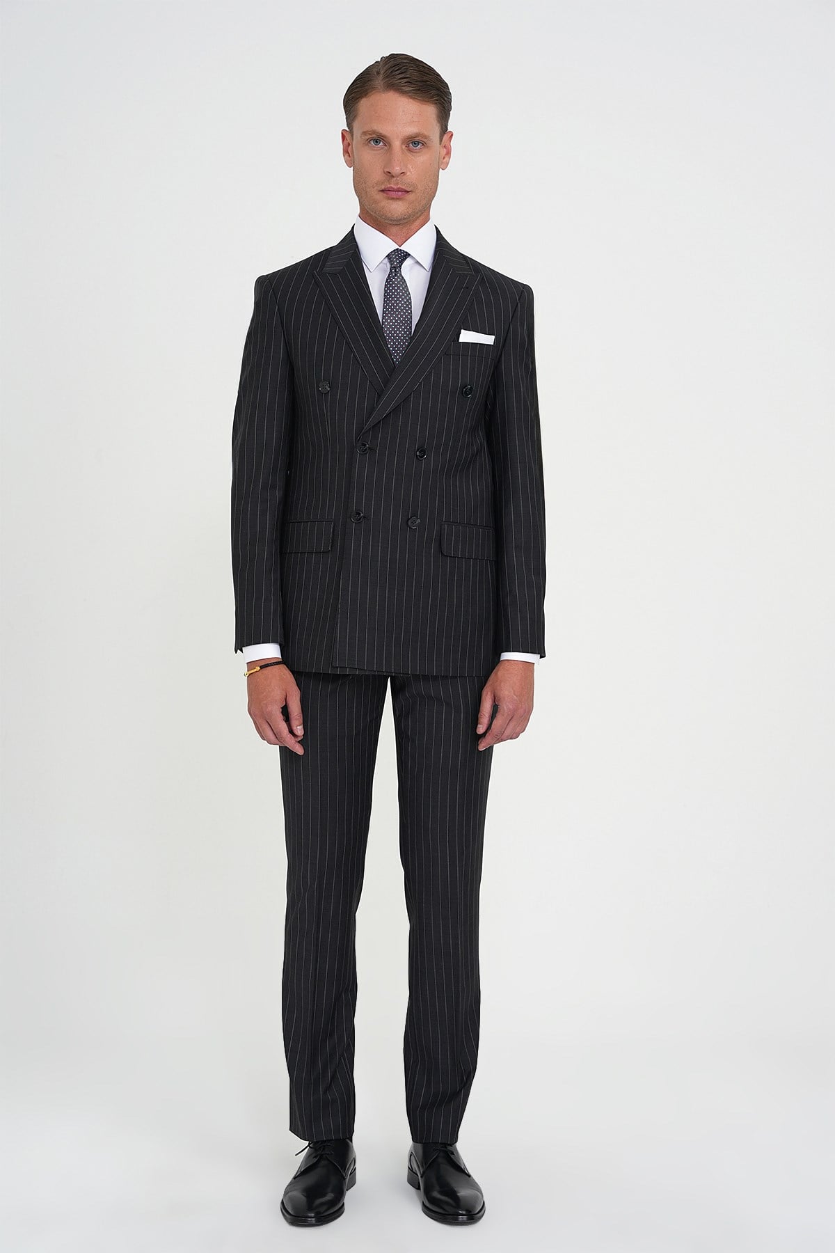 Slim Fit Çift Yırtmaç Çizgili Kruvaze Klasik Antrasit Takım Elbise Tk 925
