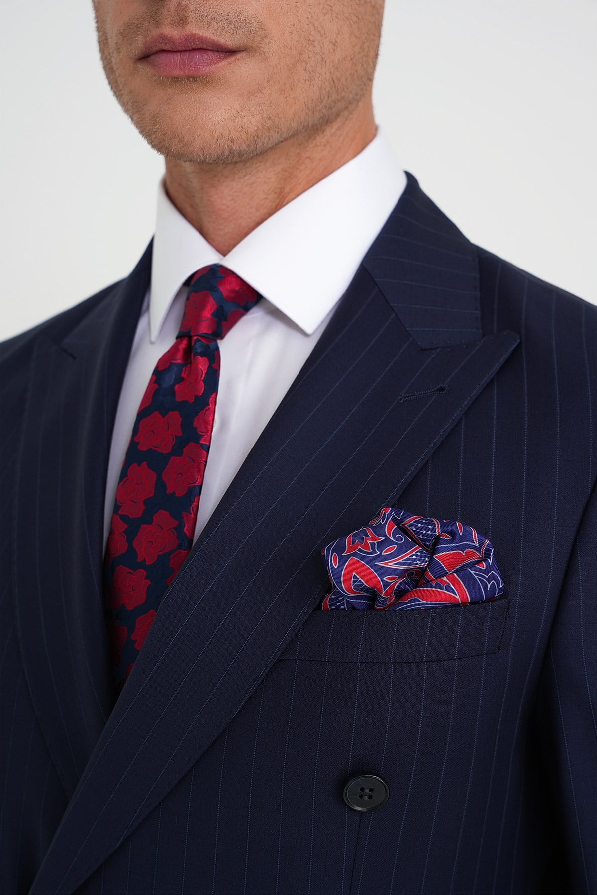 Slim Fit Çift Yırtmaç Çizgili Kruvaze Klasik Lacivert Takım Elbise Tk 925