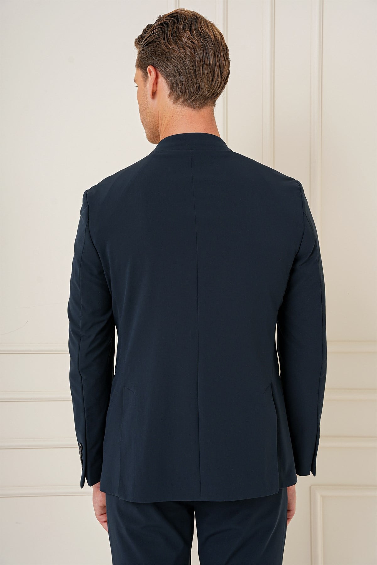 Slim Fit Çift Yırtmaç Çok Esnek Pamuklu Düz Lacivert Ceket C 680
