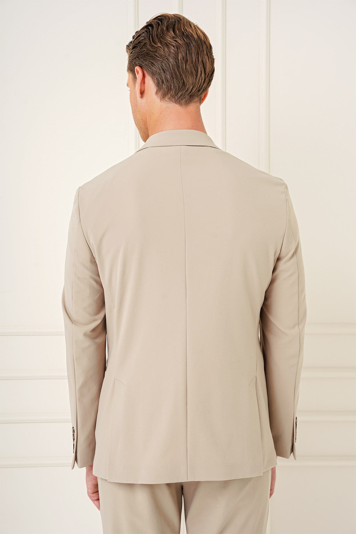 Slim Fit Çift Yırtmaç Çok Esnek Pamuklu Düz Bej Ceket C 680