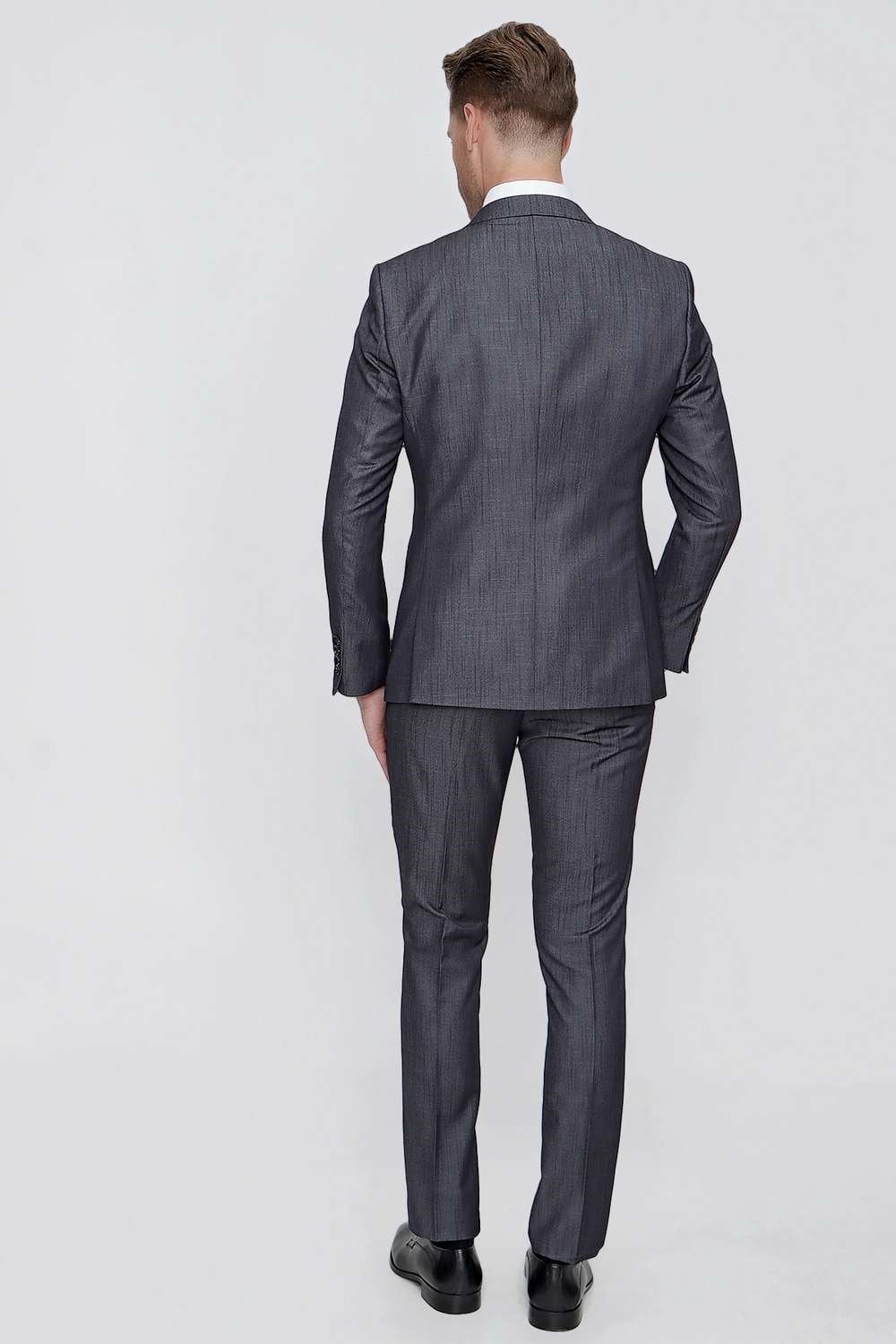 Slim Fit Çift Yırtmaç Doku Desenli Antrasit Yelekli Takım Elbise TK 858