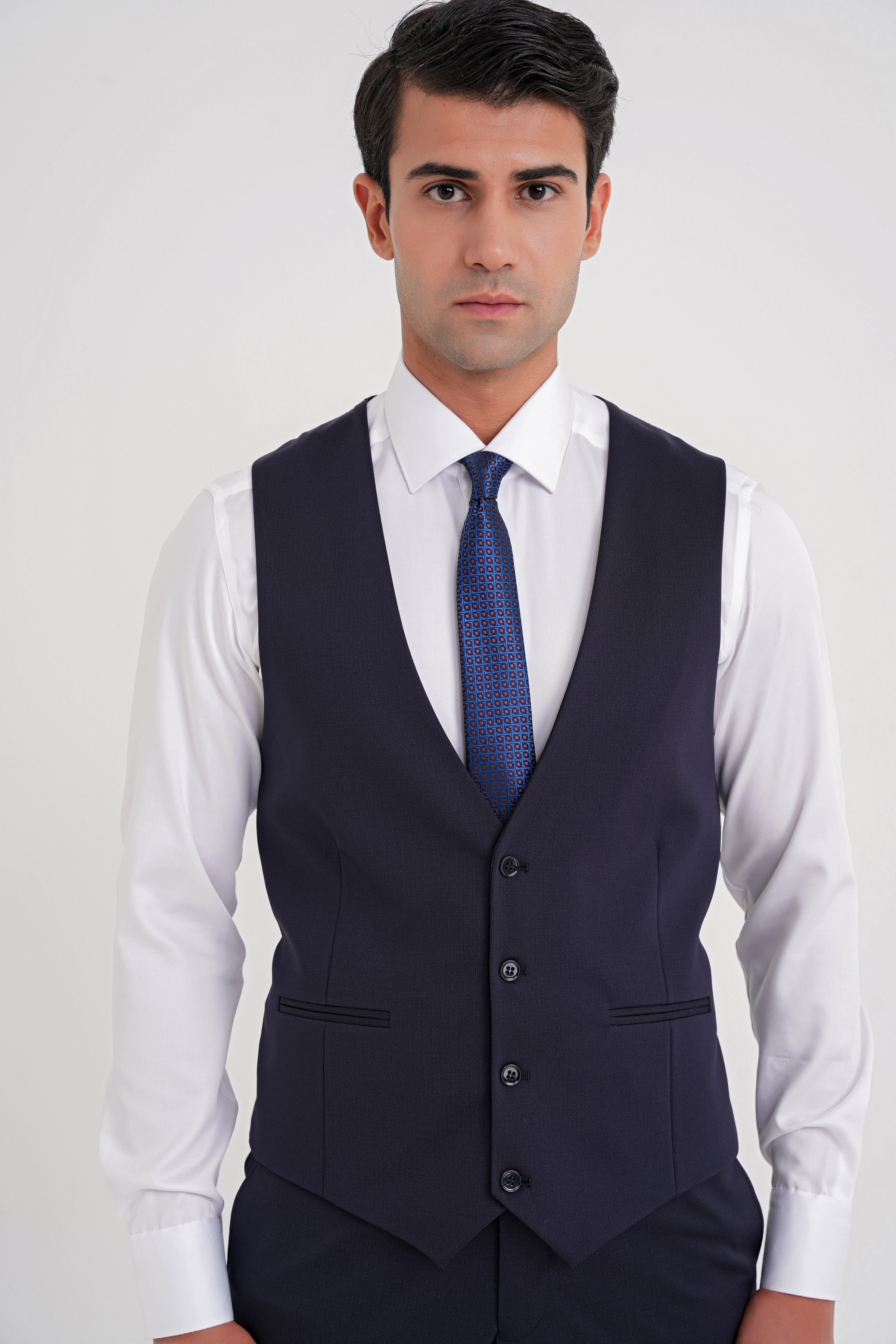 Slim Fit Çift Yırtmaç Doku Desenli Esnek Lacivert Yelekli Takım Elbise TK 927
