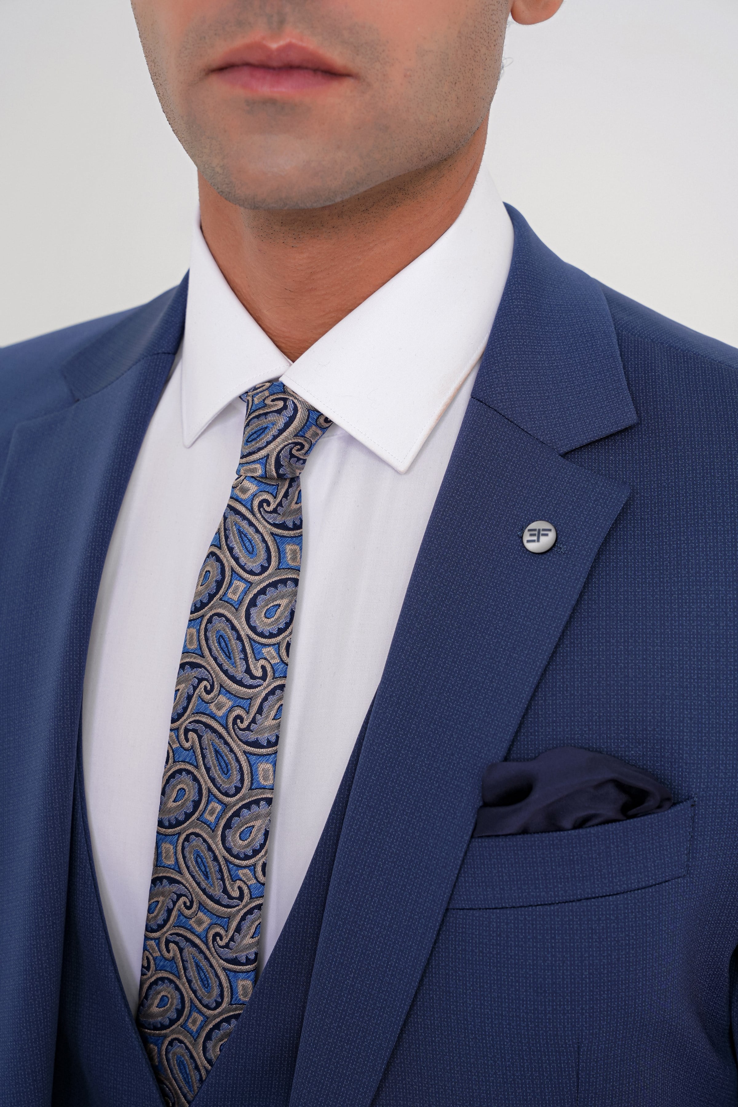 Slim Fit Çift Yırtmaç Doku Desenli Esnek Parlement Yelekli Takım Elbise TK 927