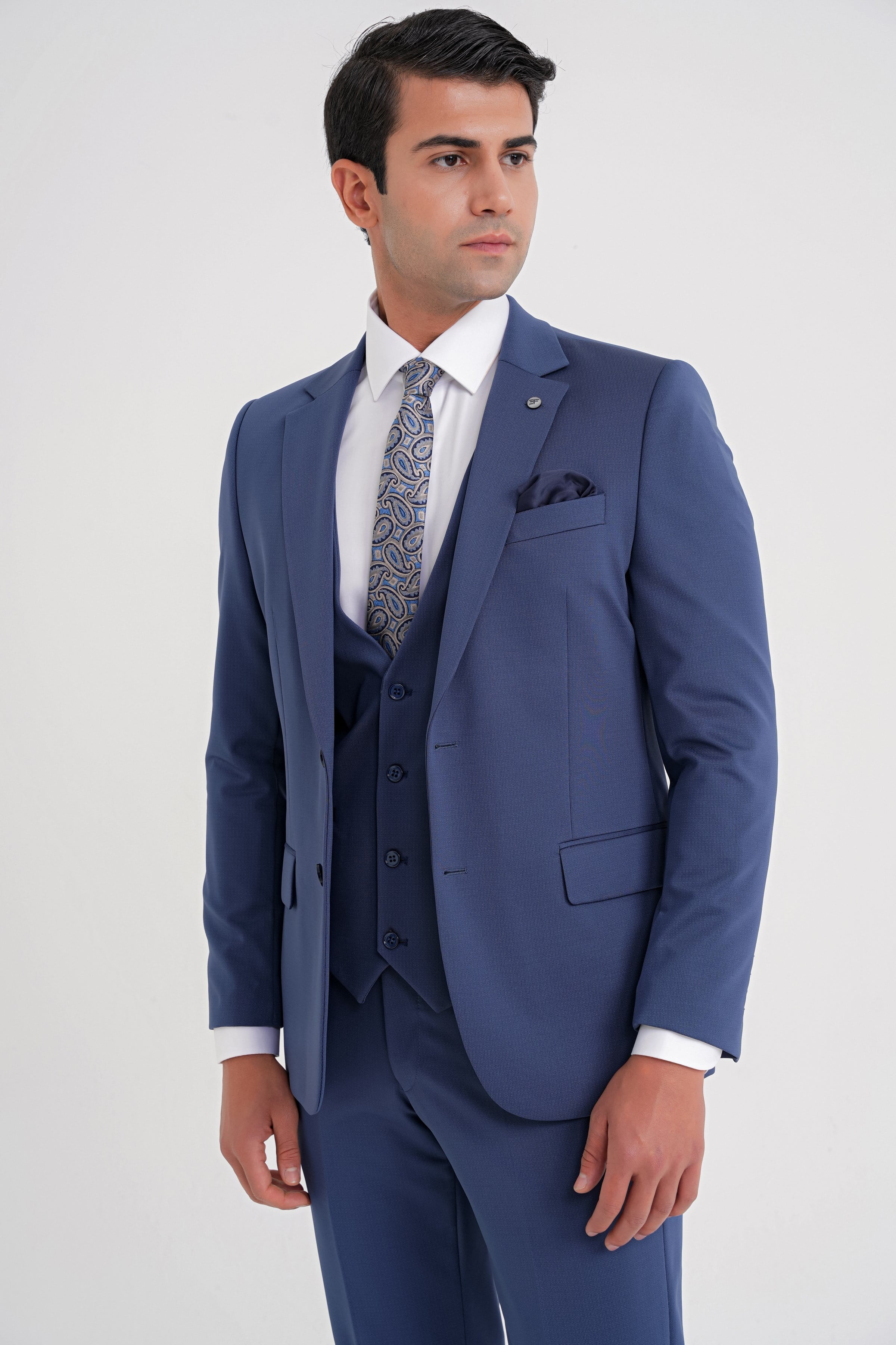 Slim Fit Çift Yırtmaç Doku Desenli Esnek Parlement Yelekli Takım Elbise TK 927