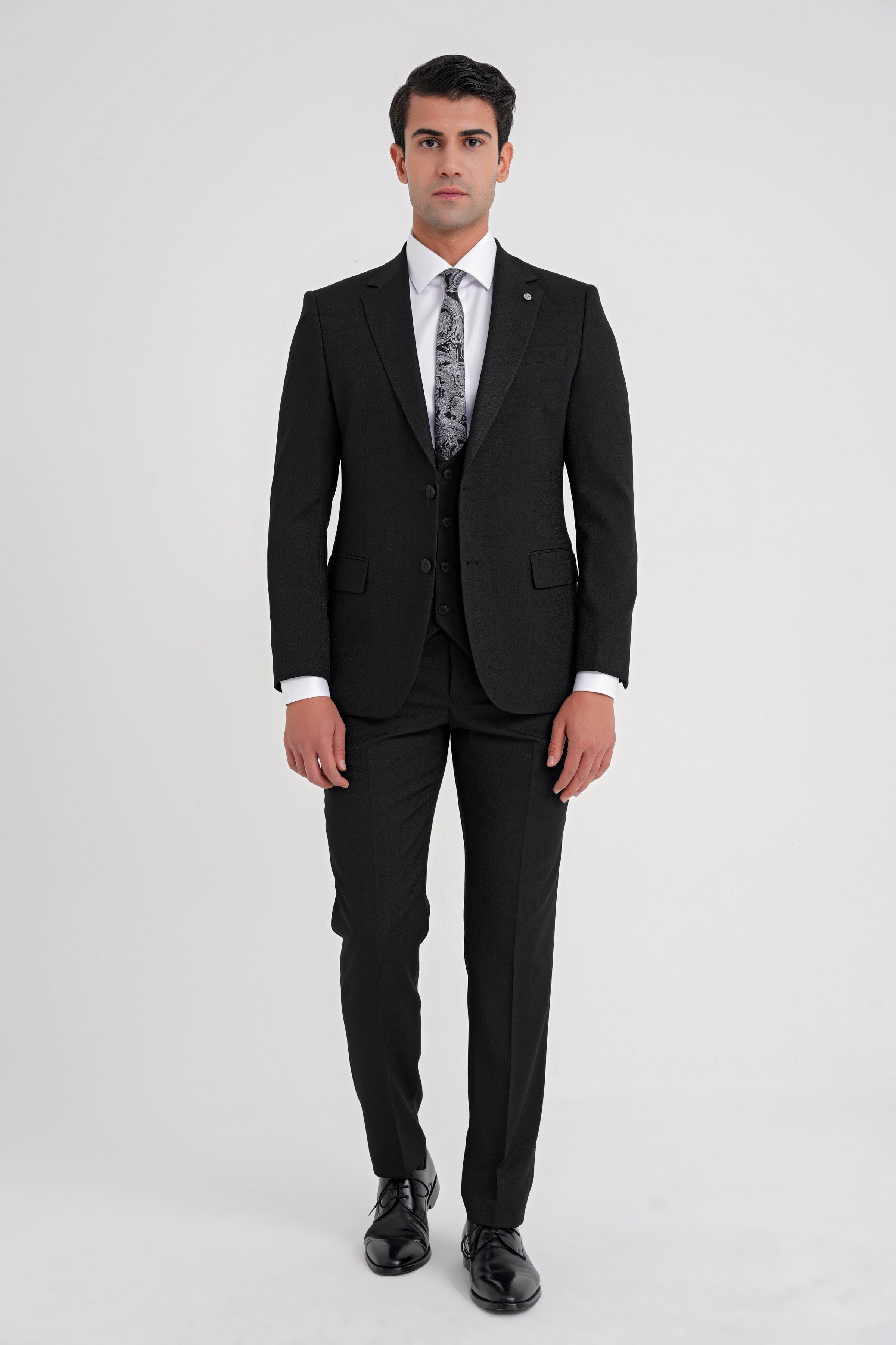 Slim Fit Çift Yırtmaç Doku Desenli Esnek Siyah Yelekli Takım Elbise TK 924