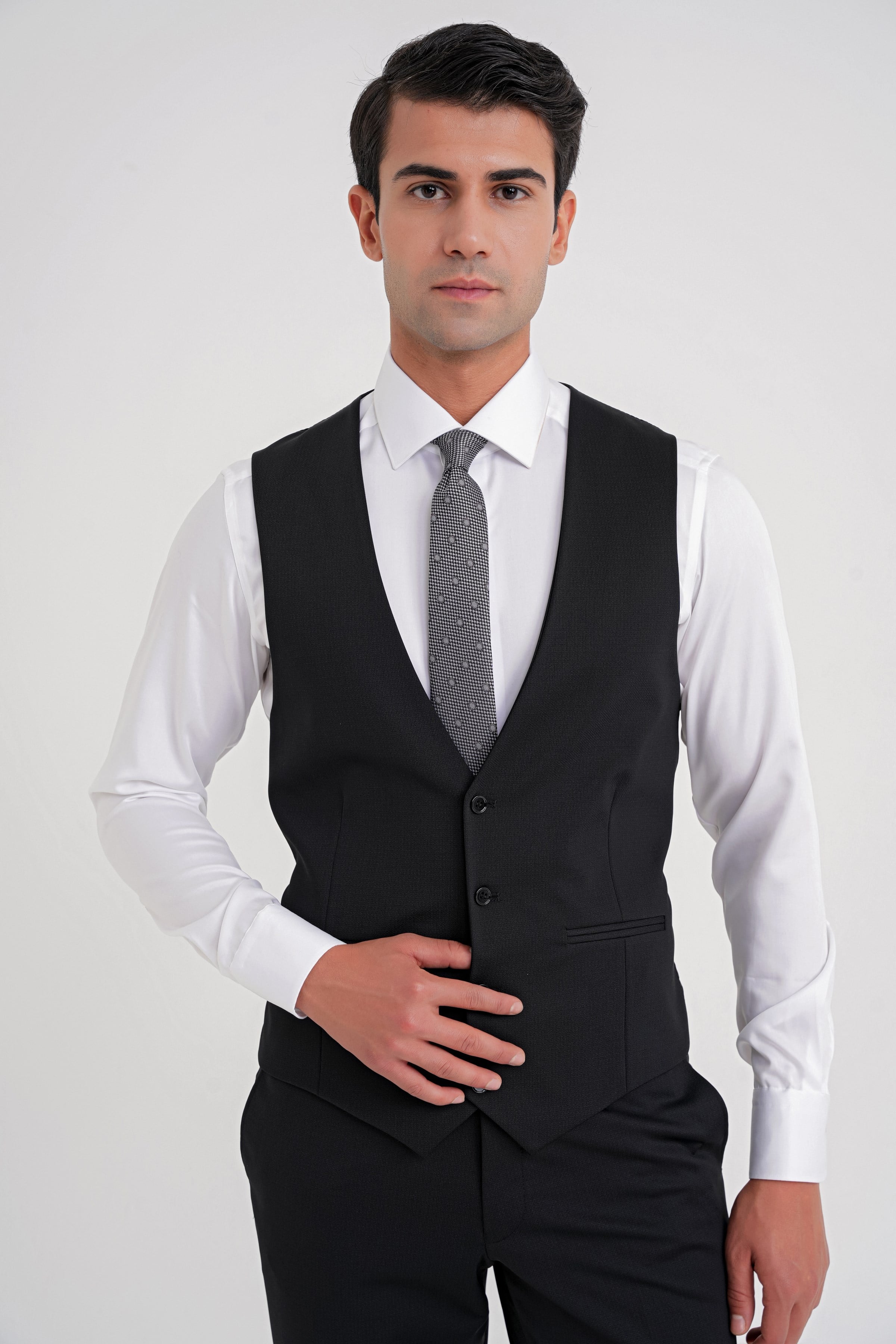 Slim Fit Çift Yırtmaç Doku Desenli Esnek Siyah Yelekli Takım Elbise TK 927