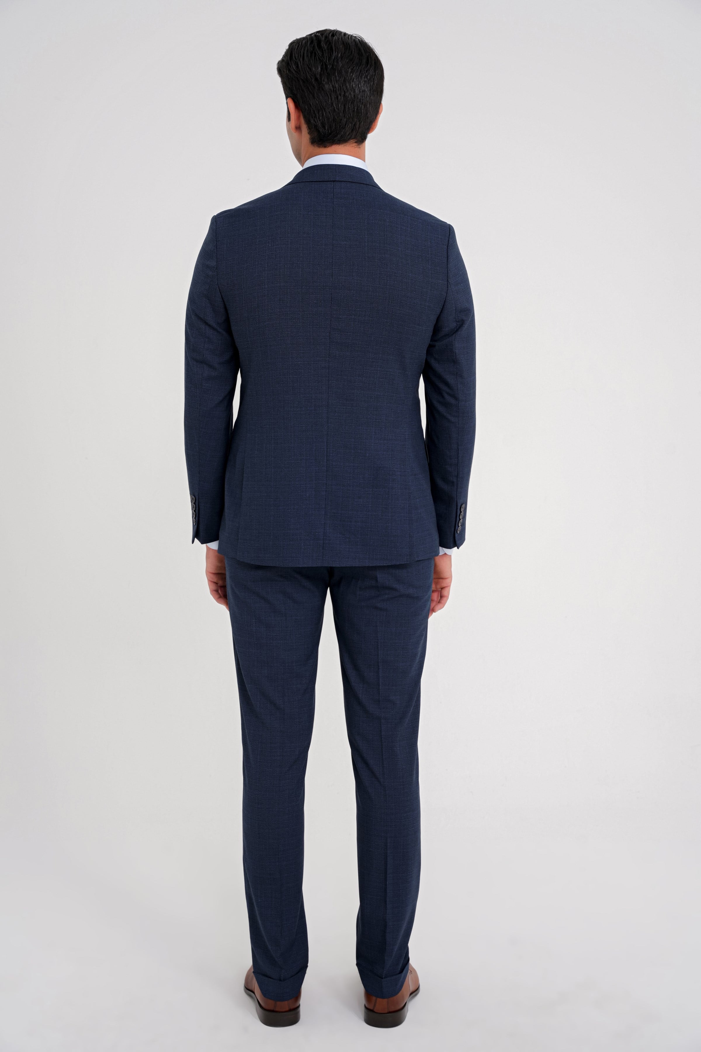 Slim Fit Çift Yırtmaç Doku Desenli Esnek Lacivert Yelekli Takım Elbise TK 916