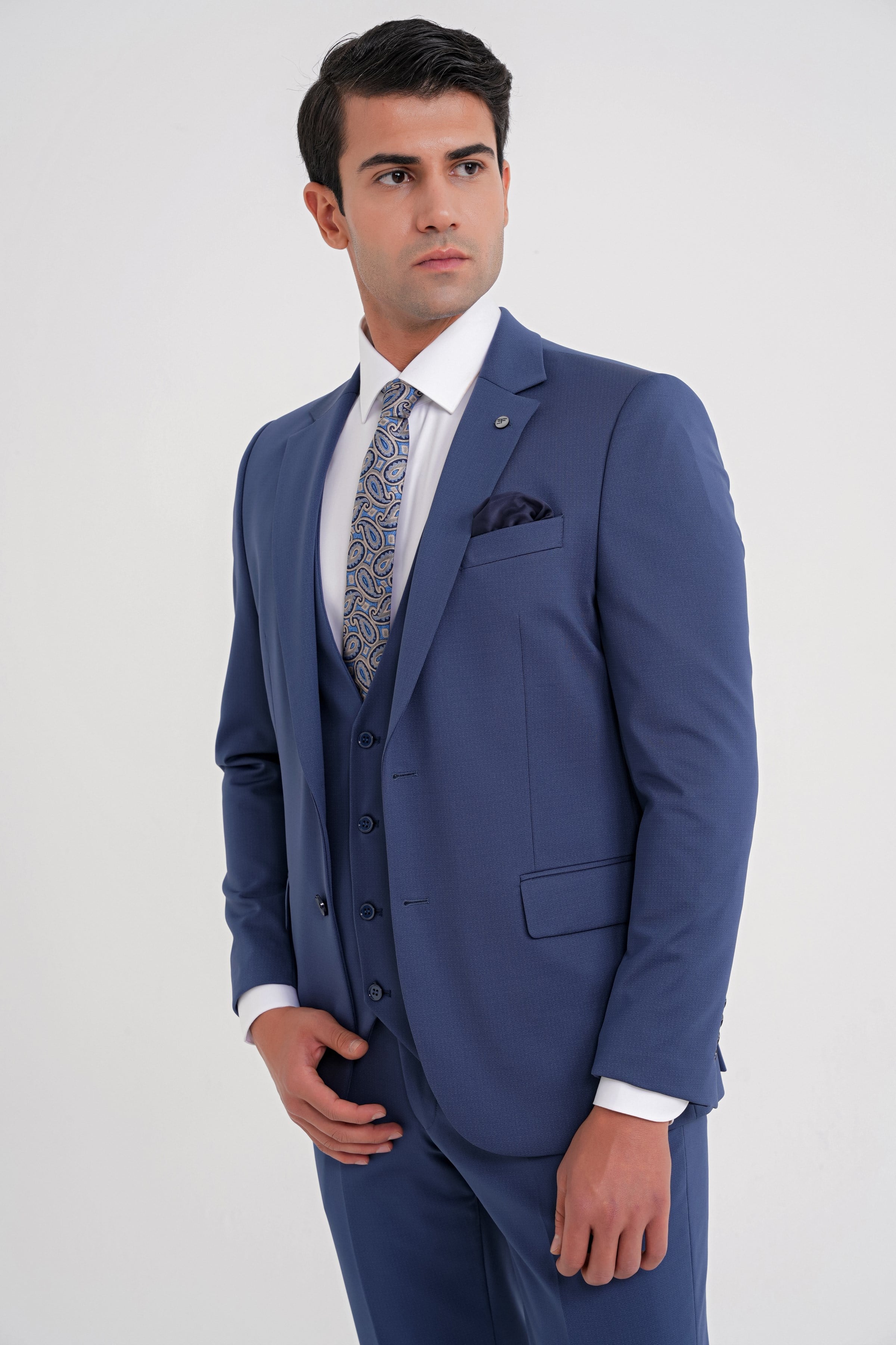 Slim Fit Çift Yırtmaç Doku Desenli Esnek Parlement Yelekli Takım Elbise TK 927