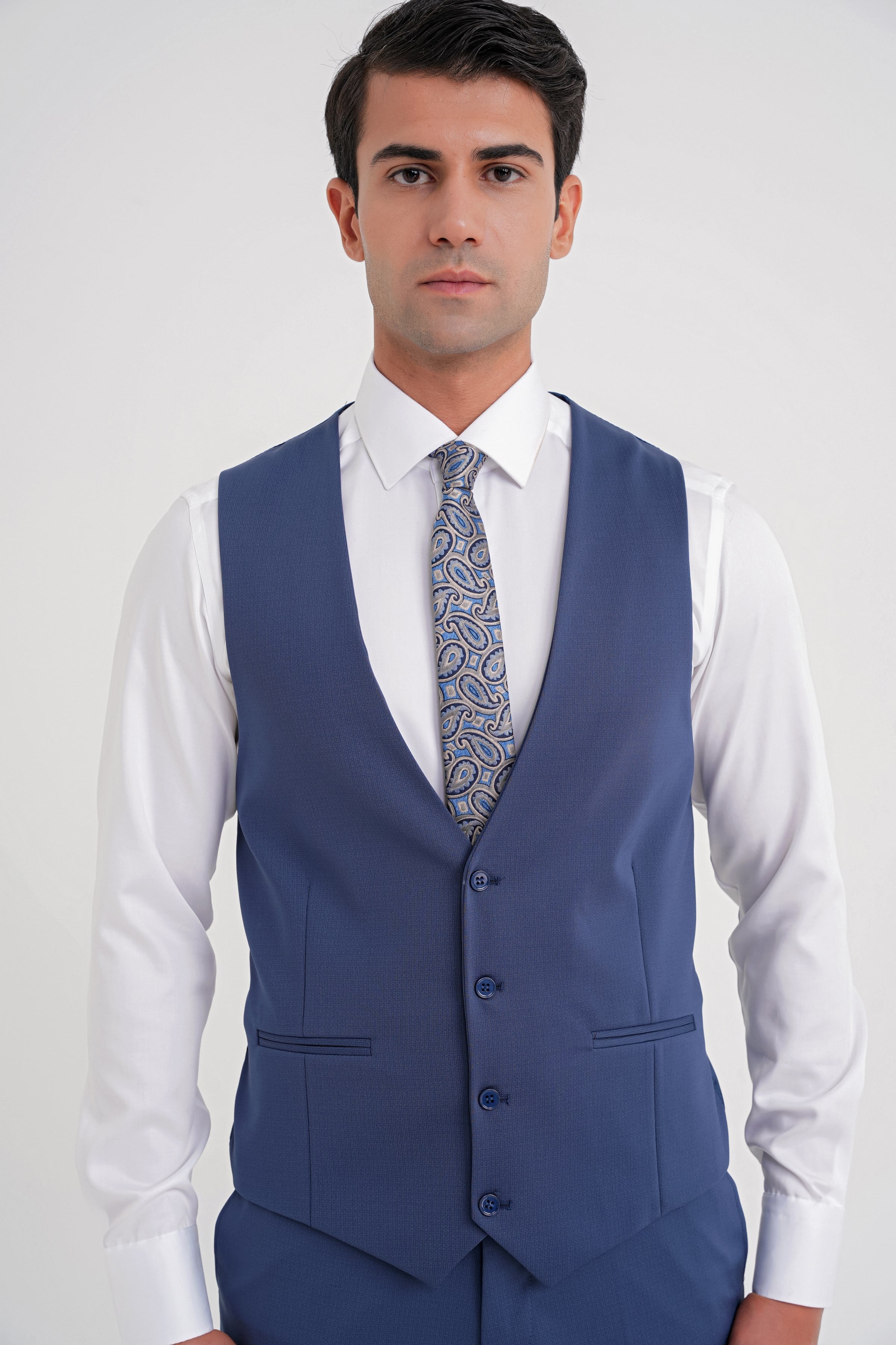 Slim Fit Çift Yırtmaç Doku Desenli Esnek Parlement Yelekli Takım Elbise TK 927