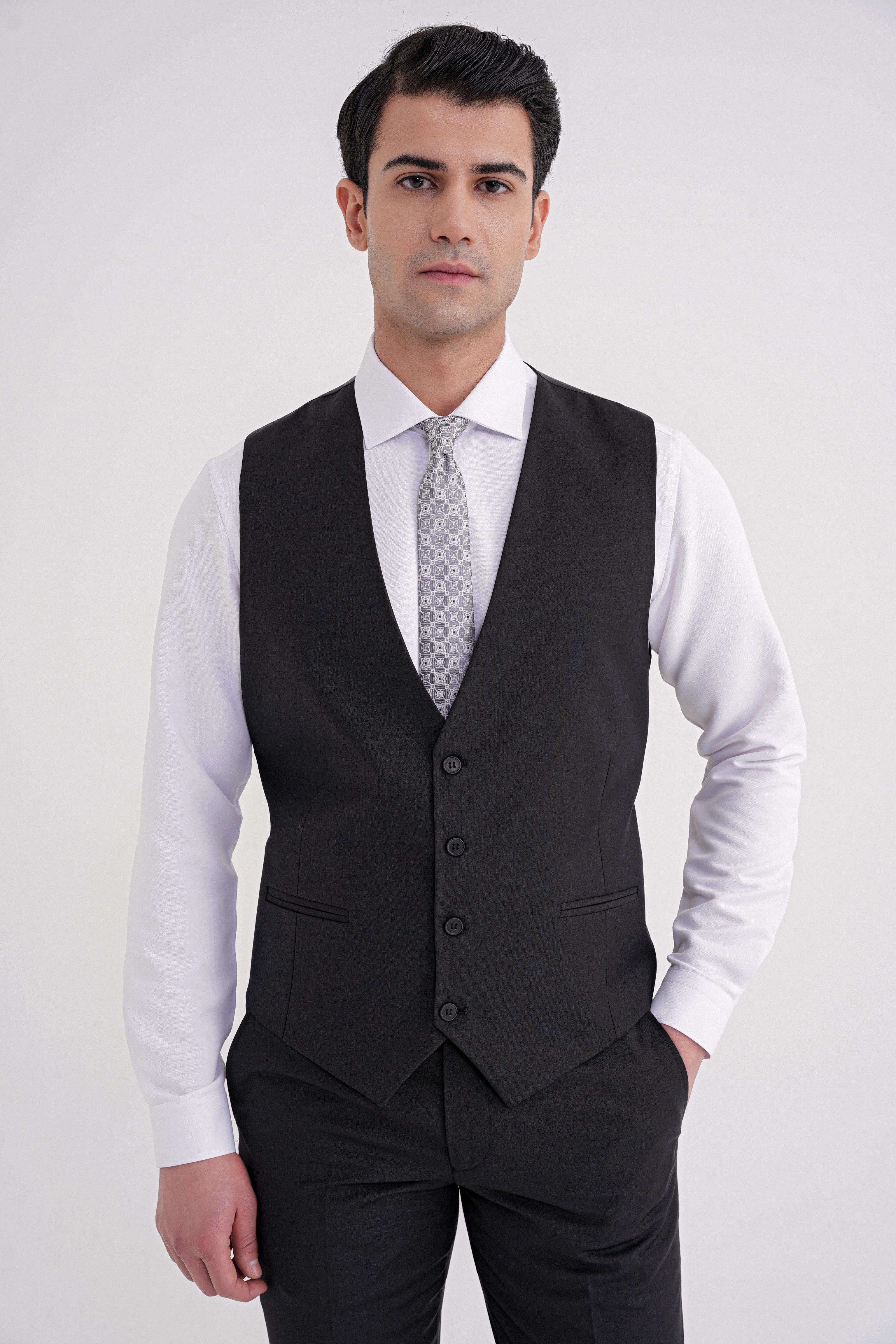 Slim Fit Çift Yırtmaç Dokulu %97 Yün Esnek Siyah Yelekli Klasik Takım Elbise TK 936