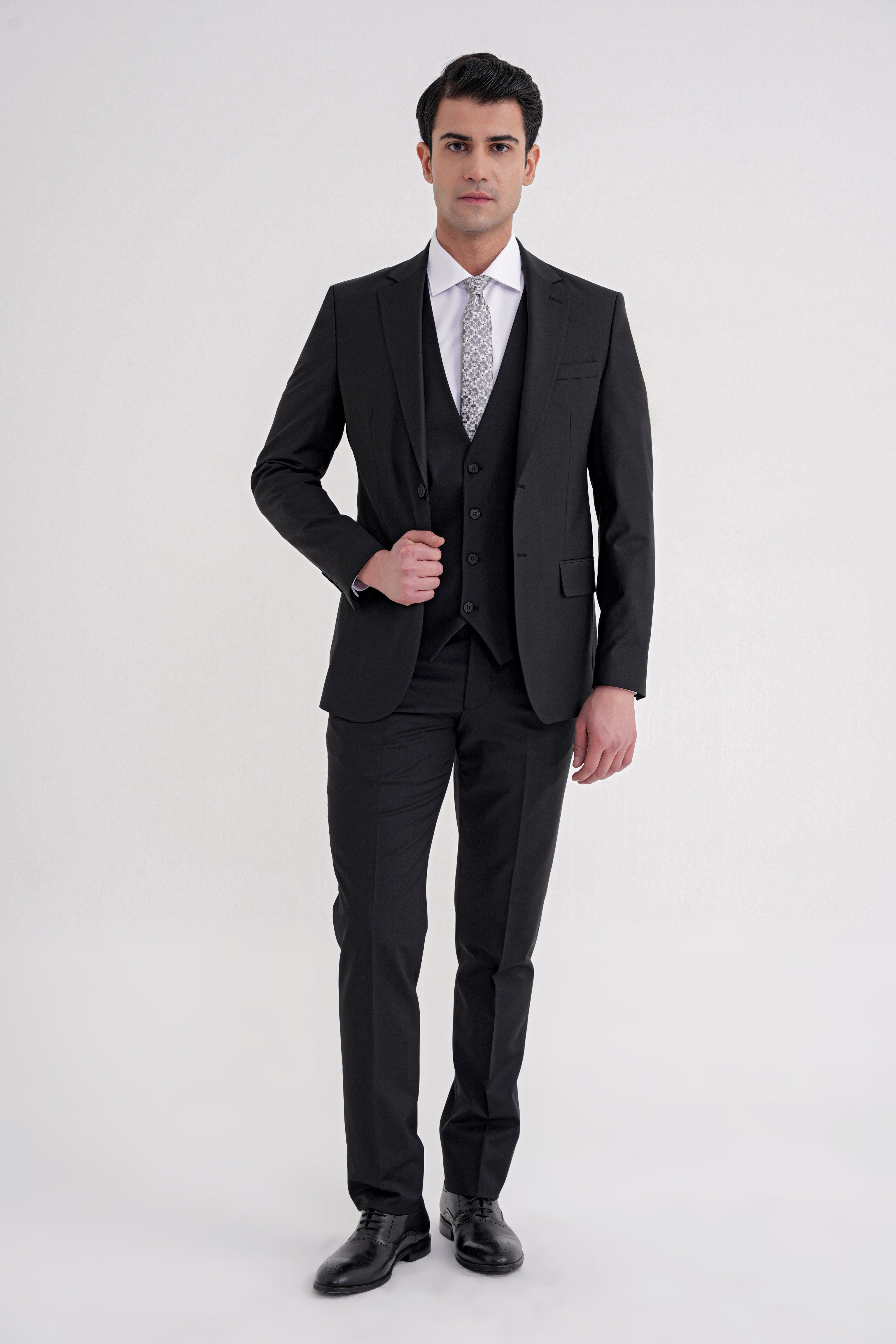 Slim Fit Çift Yırtmaç Dokulu %97 Yün Esnek Siyah Yelekli Klasik Takım Elbise TK 936