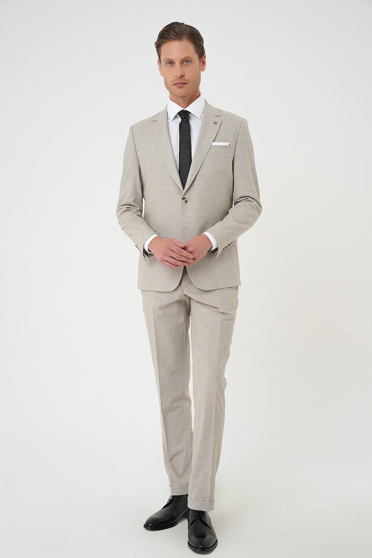 Slim Fit Çift Yırtmaç Dokulu Esnek Klasik Bej Takım Elbise Tk 915