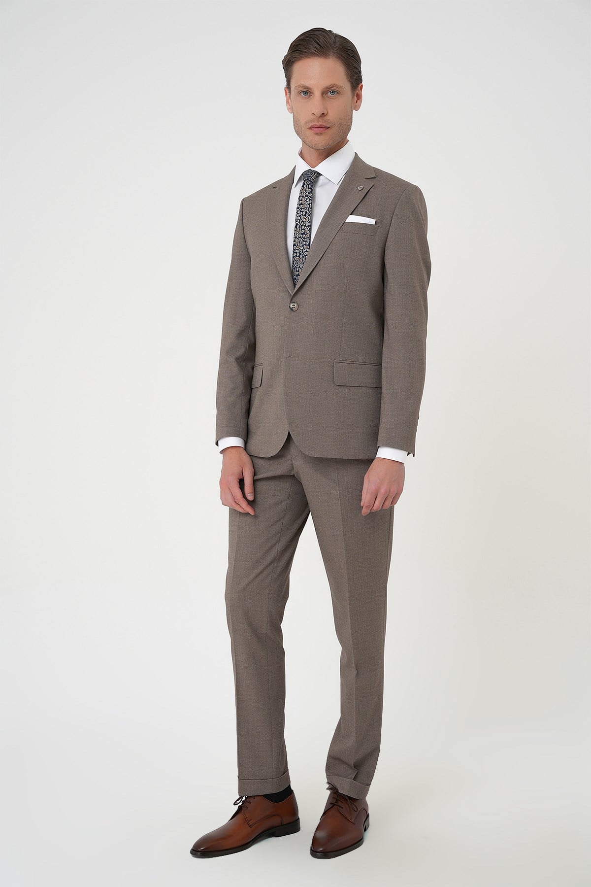 Slim Fit Çift Yırtmaç Dokulu Esnek Klasik Vizon Takım Elbise Tk 915