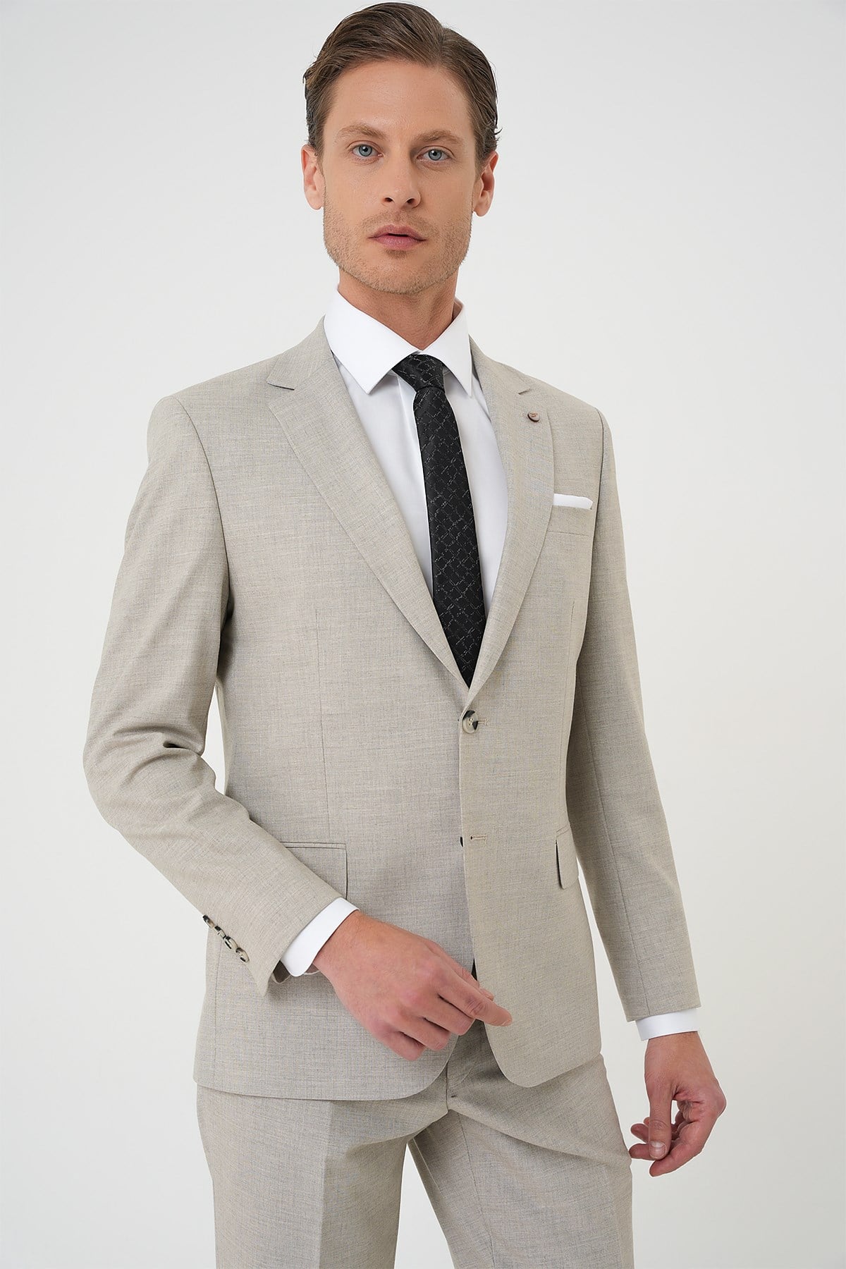 Slim Fit Çift Yırtmaç Dokulu Esnek Klasik Bej Takım Elbise Tk 915