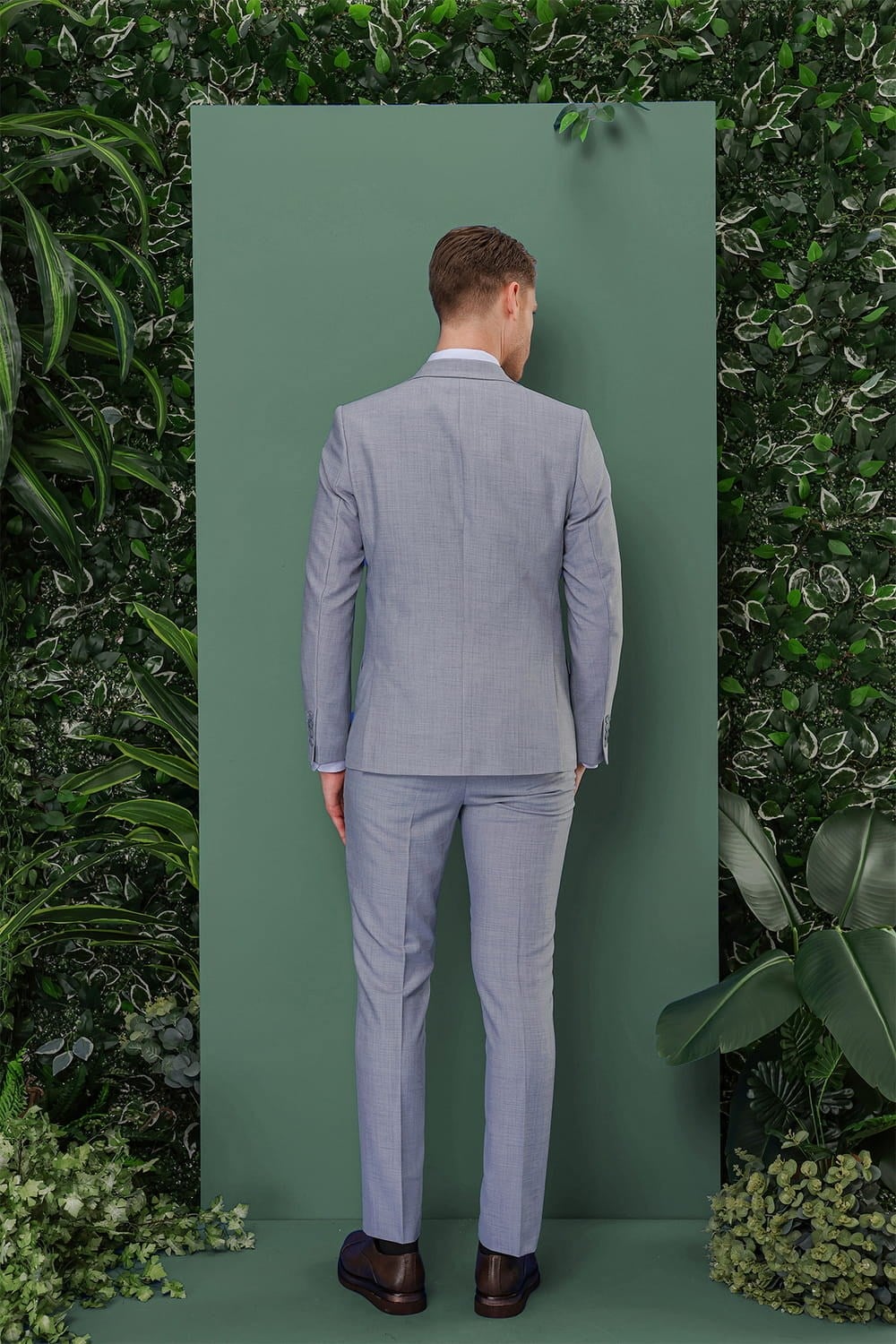 Slim Fit Çift Yırtmaç Düz Gri Mavi Yelekli Takım Elbise TK 872