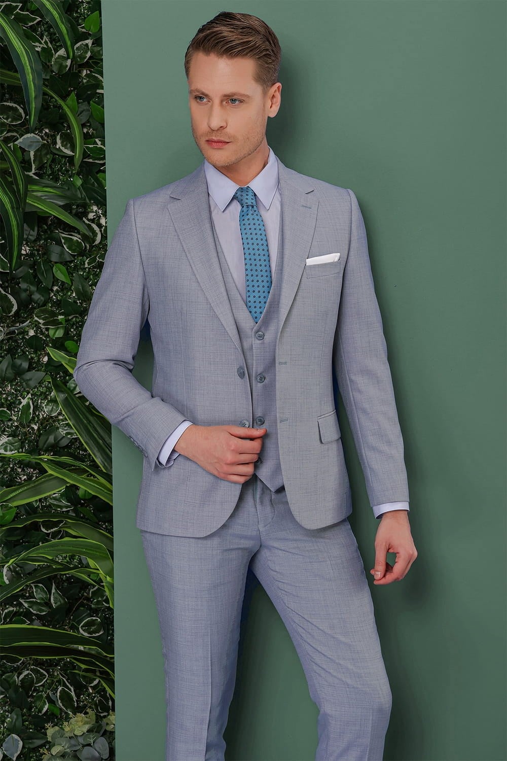 Slim Fit Çift Yırtmaç Düz Gri Mavi Yelekli Takım Elbise TK 872