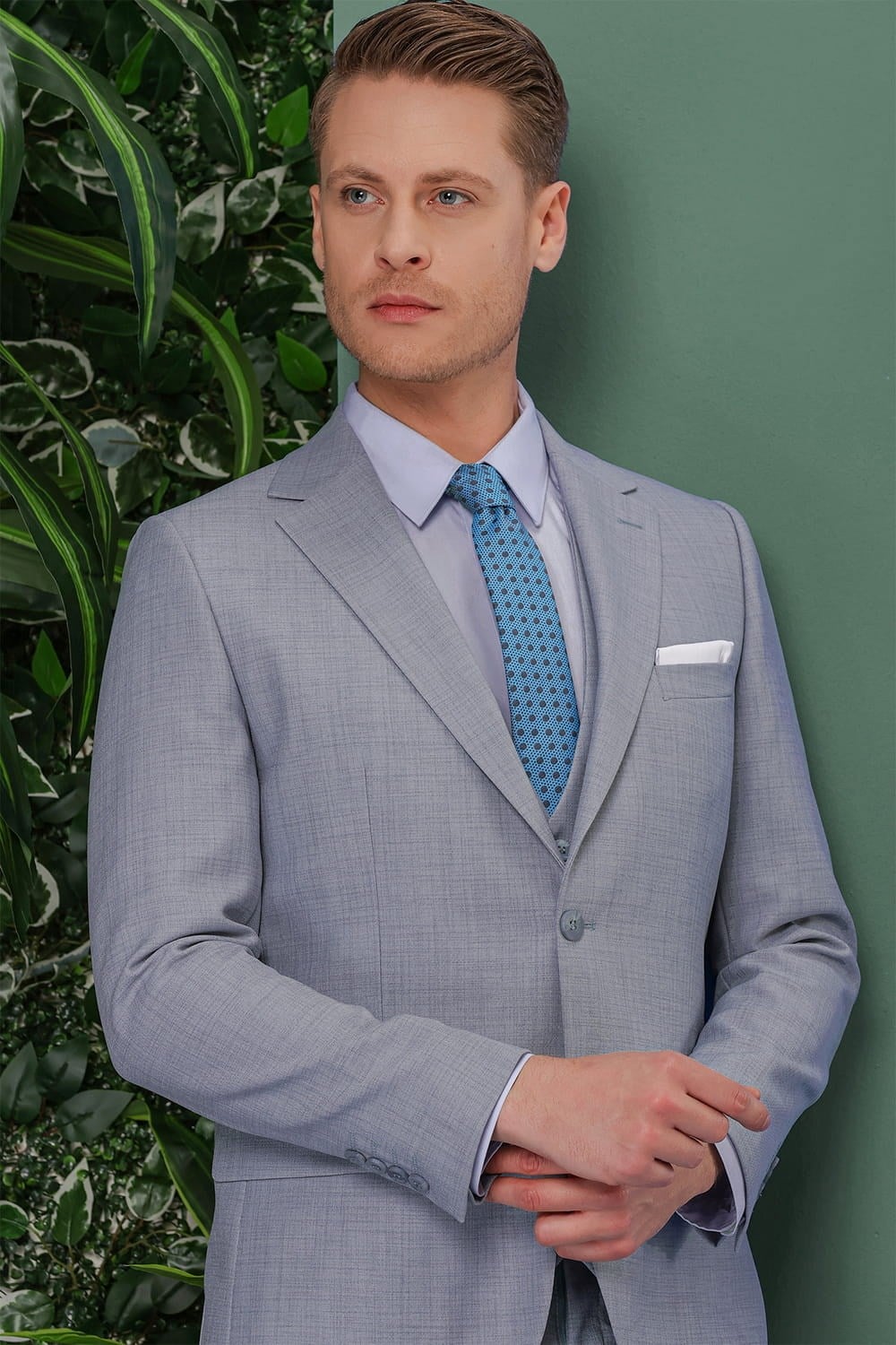 Slim Fit Çift Yırtmaç Düz Gri Mavi Yelekli Takım Elbise TK 872
