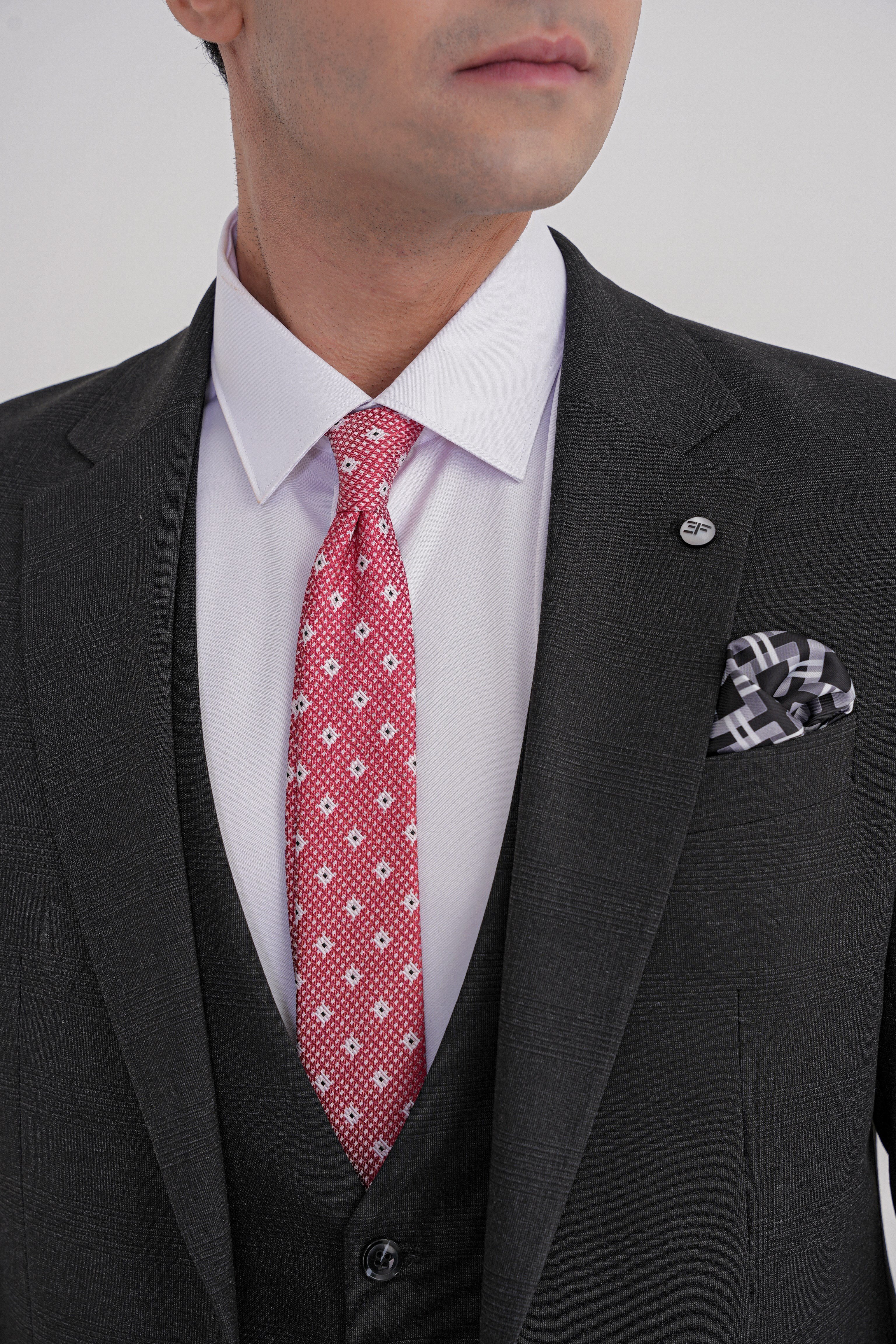 Slim Fit Çift Yırtmaç Ekoseli Esnek Yünlü Yelekli Klasik Siyah Takım Elbise TK 934