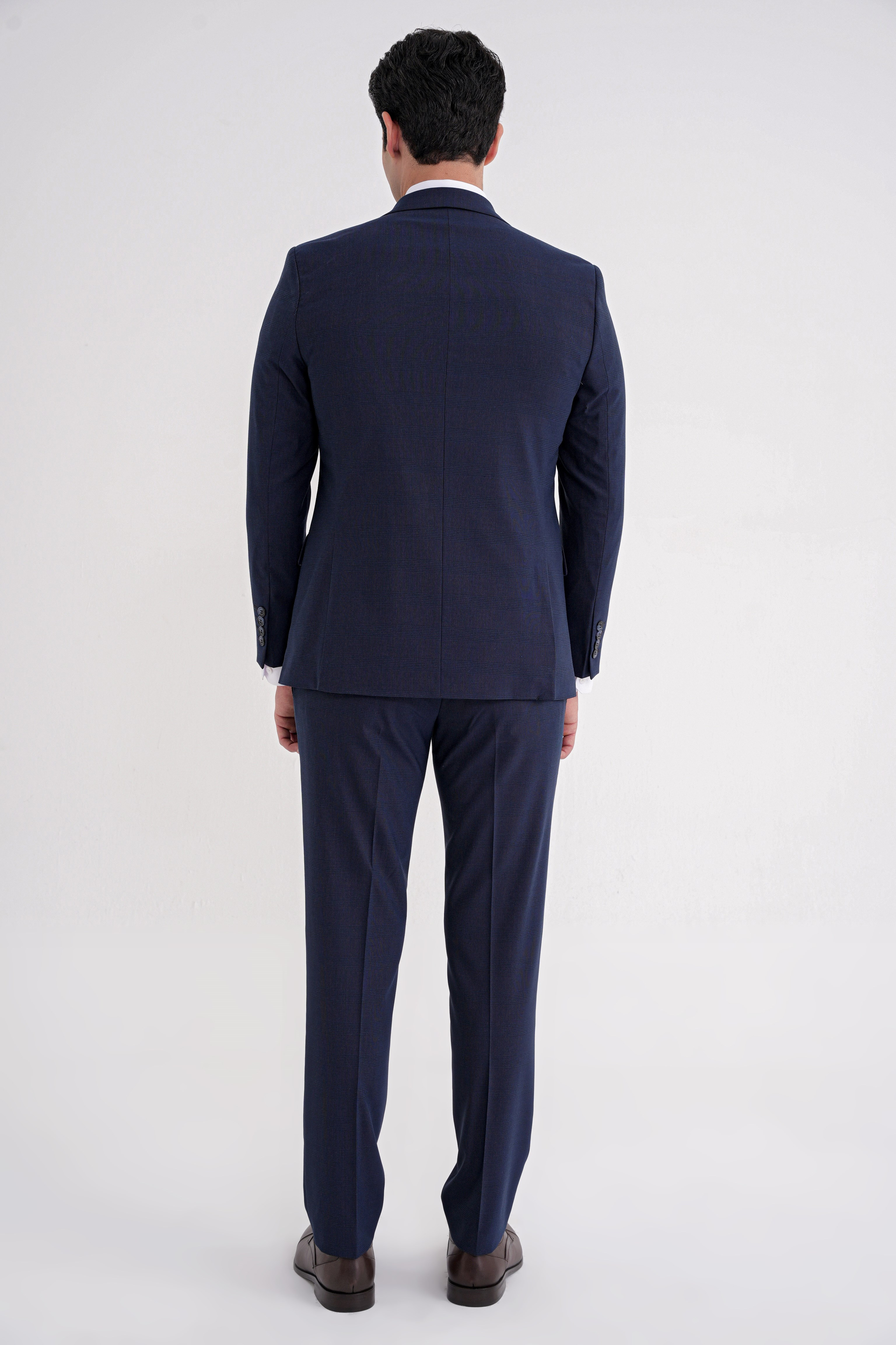 Slim Fit Çift Yırtmaç Ekoseli Esnek Yünlü Yelekli Klasik Lacivert Takım Elbise TK 934