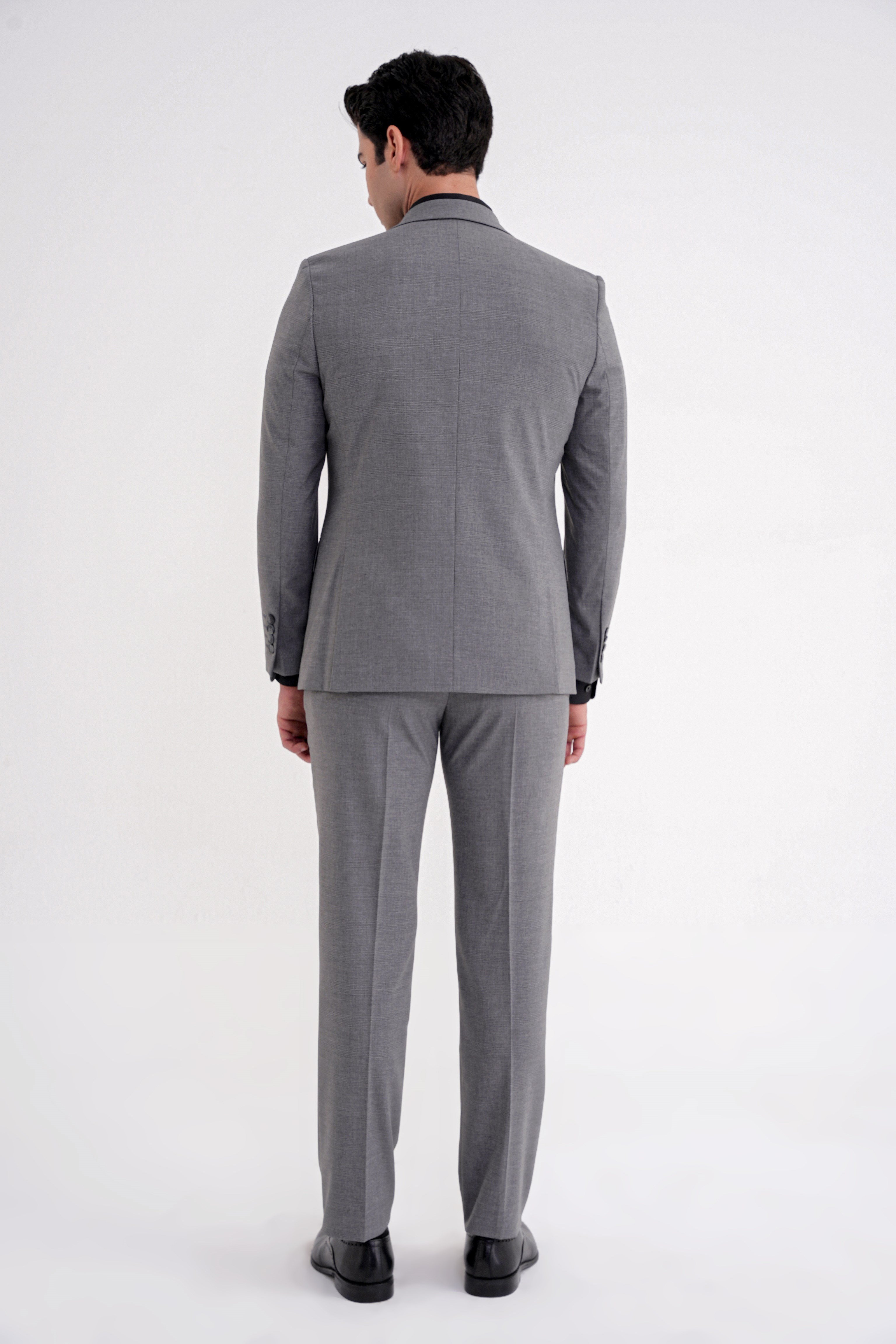 Slim Fit Çift Yırtmaç Ekoseli Esnek Yünlü Yelekli Klasik Füme Takım Elbise TK 934