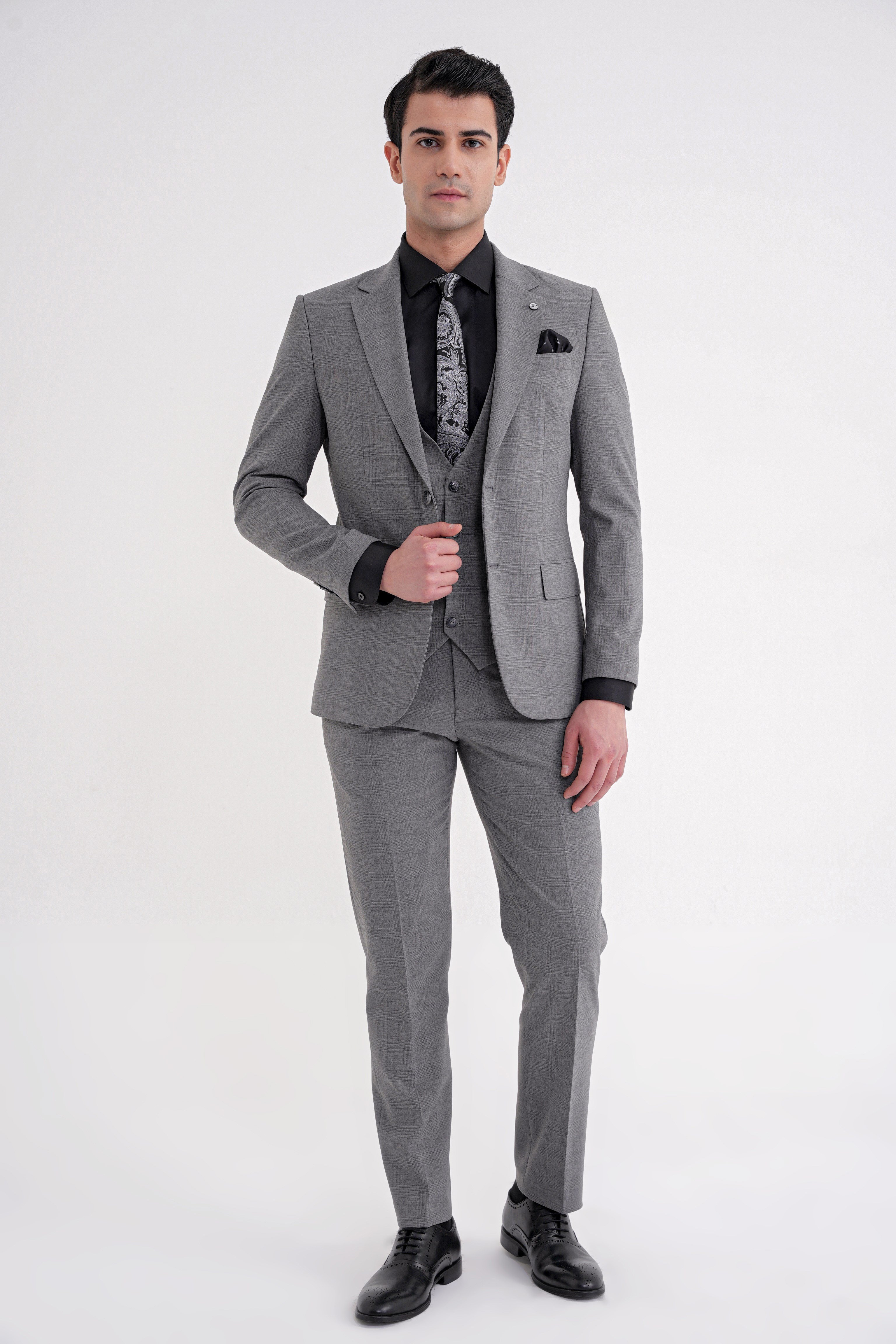 Slim Fit Çift Yırtmaç Ekoseli Esnek Yünlü Yelekli Klasik Füme Takım Elbise TK 934