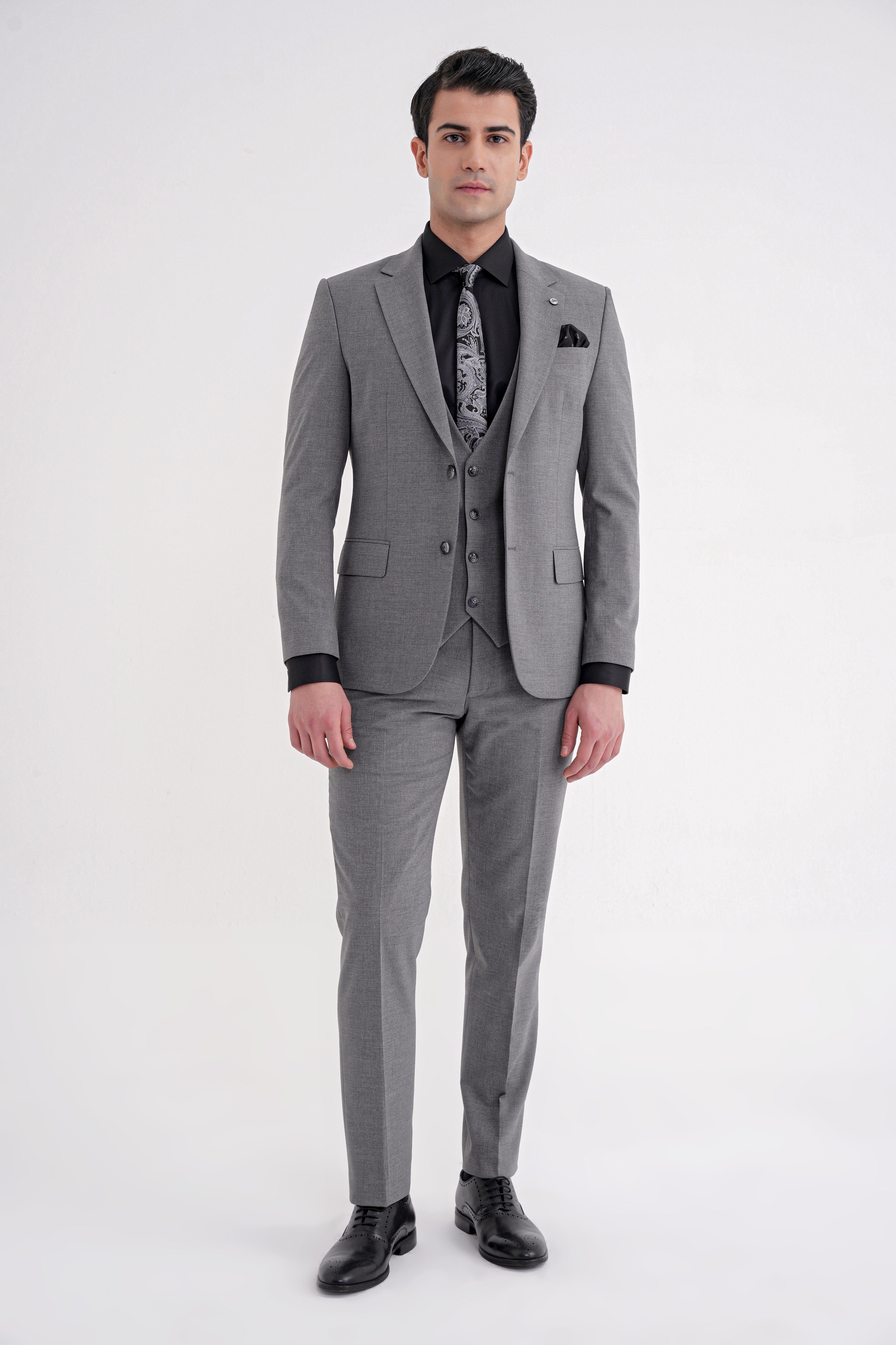 Slim Fit Çift Yırtmaç Ekoseli Esnek Yünlü Yelekli Klasik Füme Takım Elbise TK 934