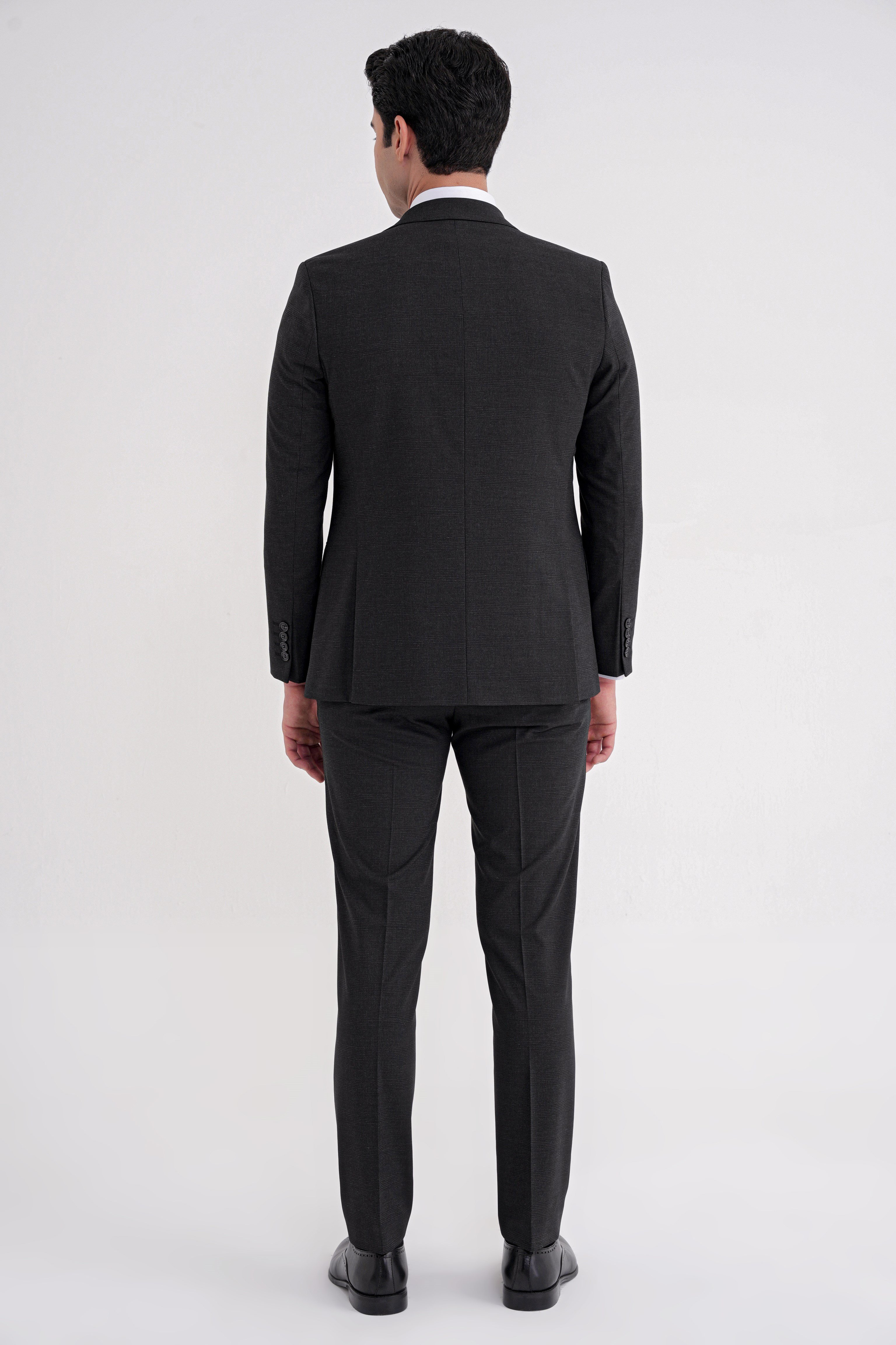 Slim Fit Çift Yırtmaç Ekoseli Esnek Yünlü Yelekli Klasik Siyah Takım Elbise TK 934