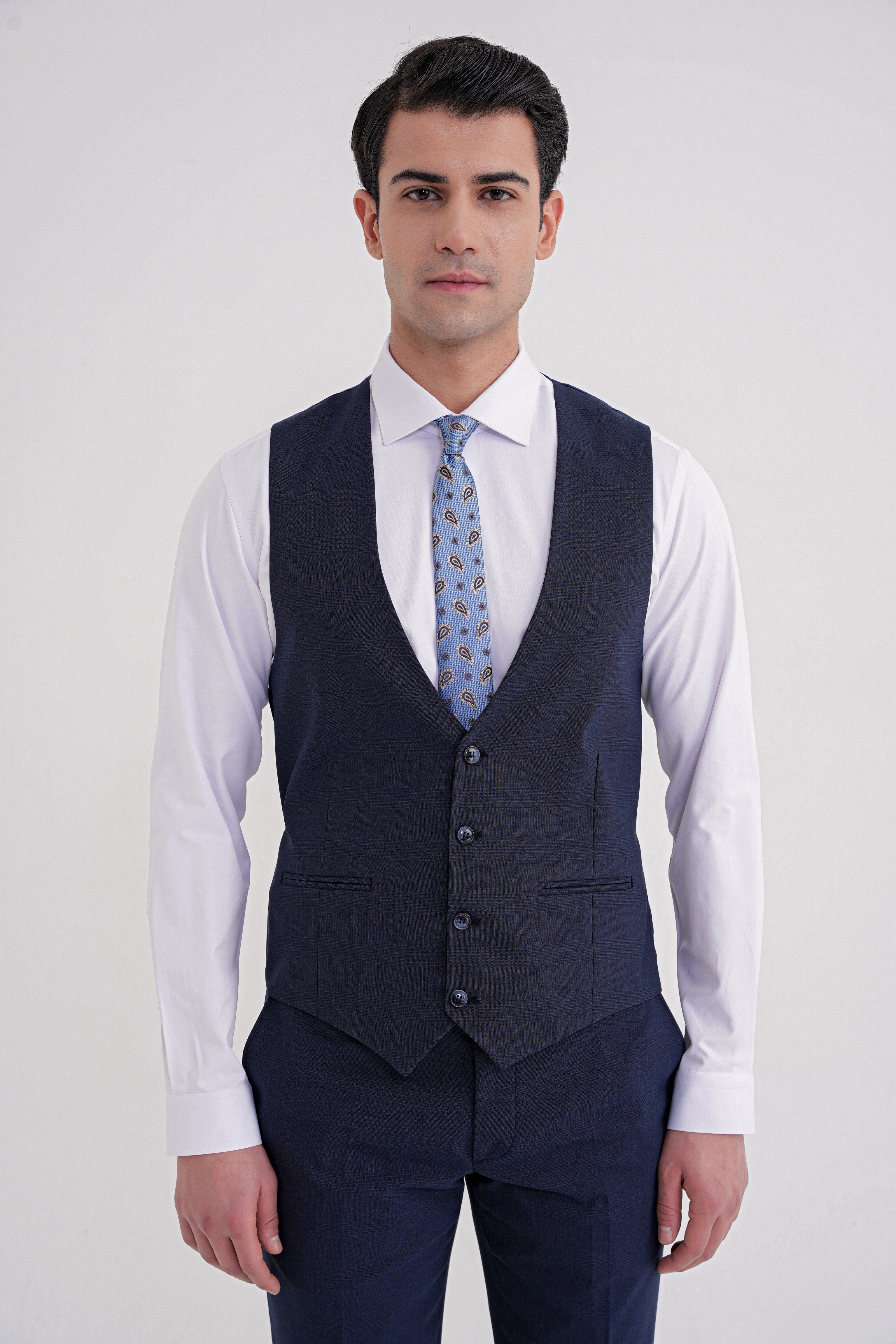 Slim Fit Çift Yırtmaç Ekoseli Esnek Yünlü Yelekli Klasik Lacivert Takım Elbise TK 934