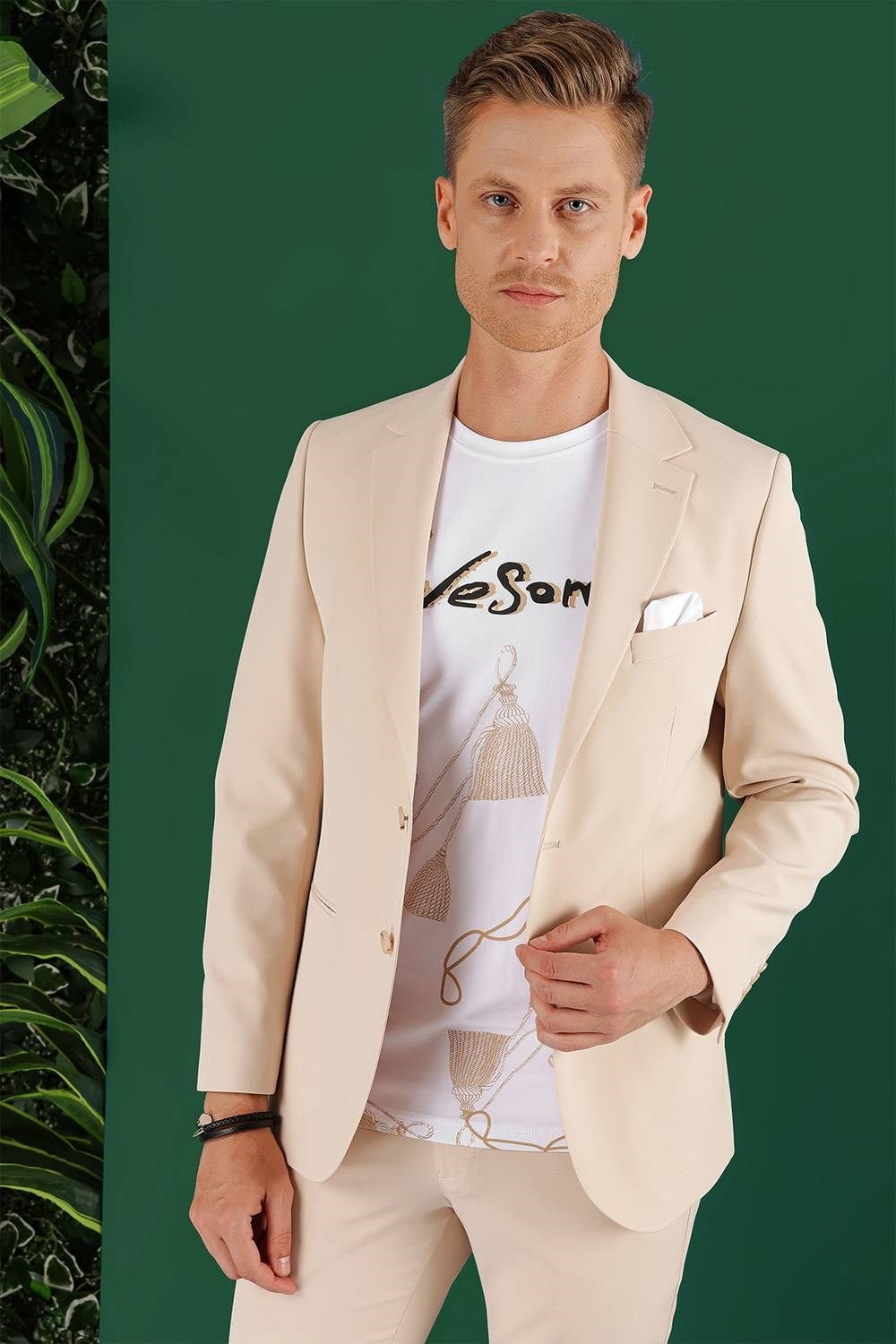 Slim Fit Çift Yırtmaç Esnek Pamuklu Fleto Cepli Bej Ceket C 645