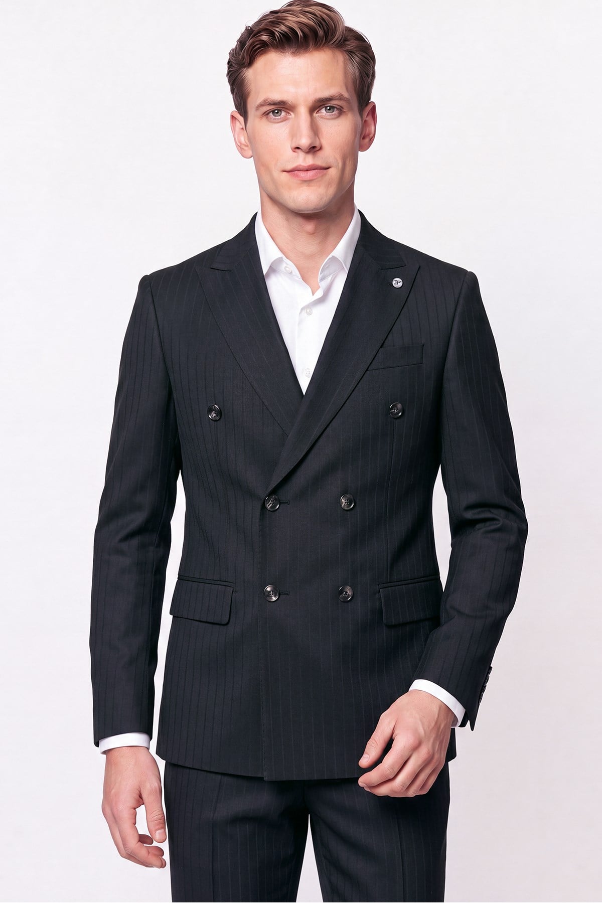 Slim Fit Çift Yırtmaç Esnek Silik Çizgili Siyah Kruvaze Takım Elbise TK 946