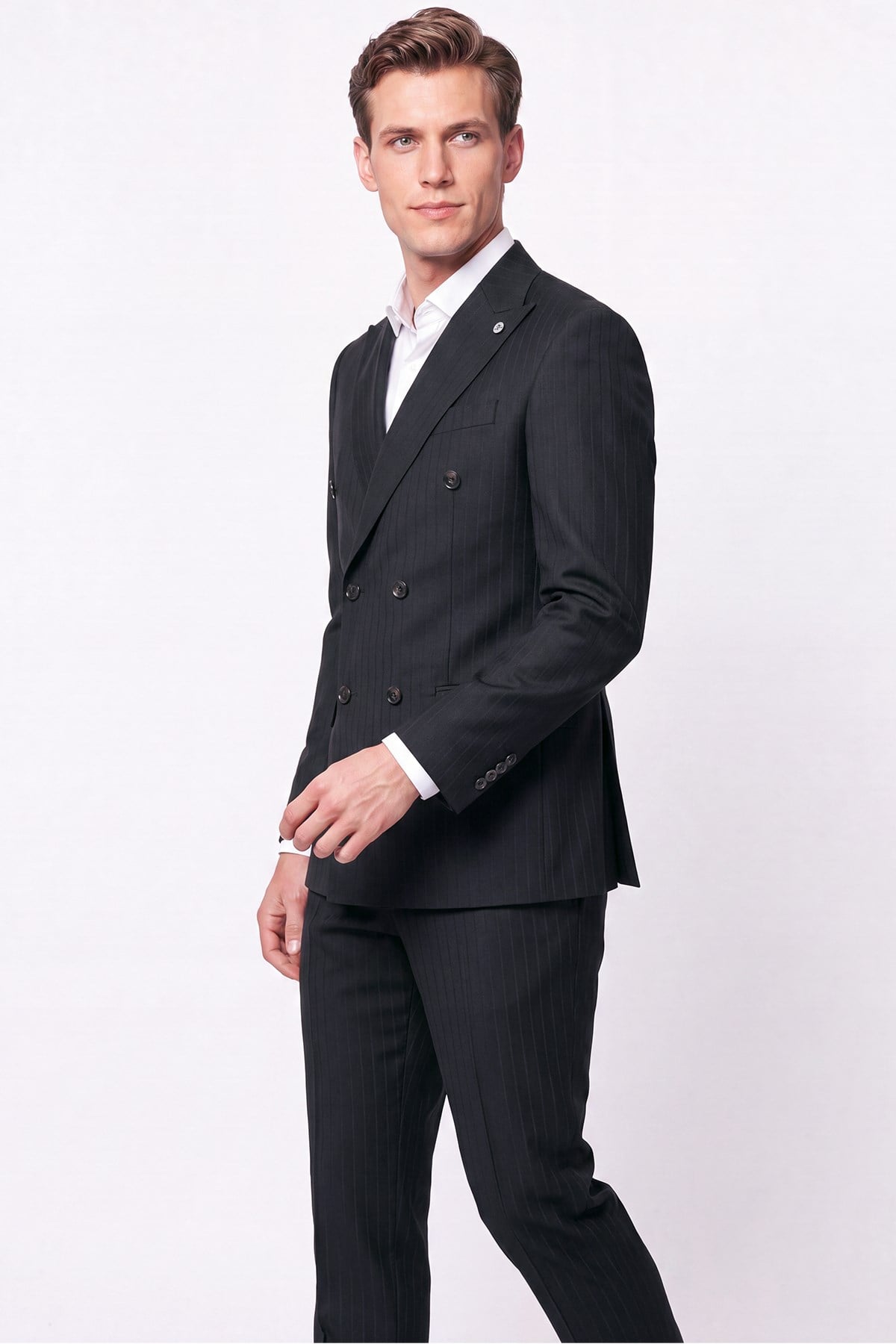 Slim Fit Çift Yırtmaç Esnek Silik Çizgili Siyah Kruvaze Takım Elbise TK 946