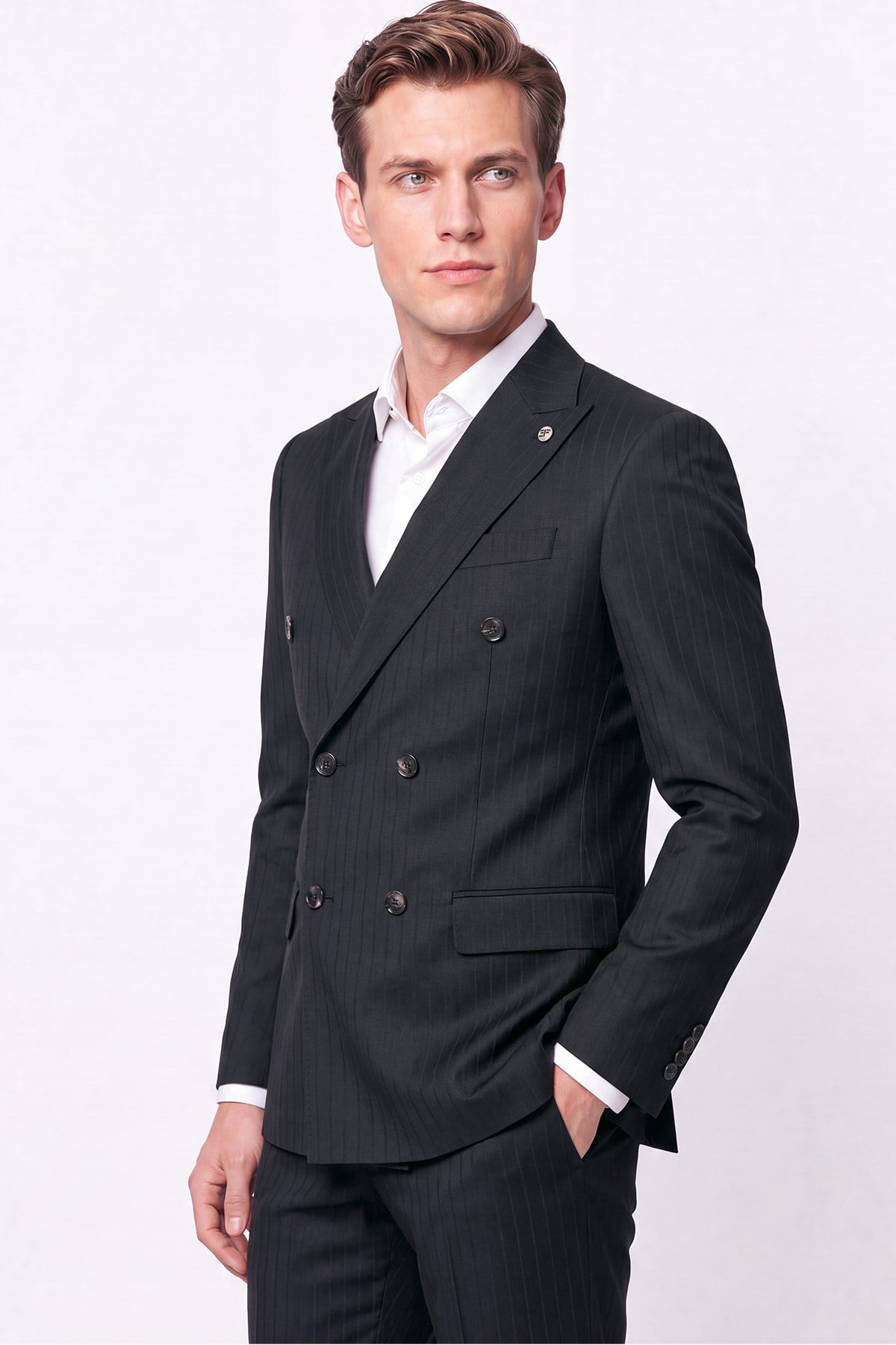 Slim Fit Çift Yırtmaç Esnek Silik Çizgili Siyah Kruvaze Takım Elbise TK 946