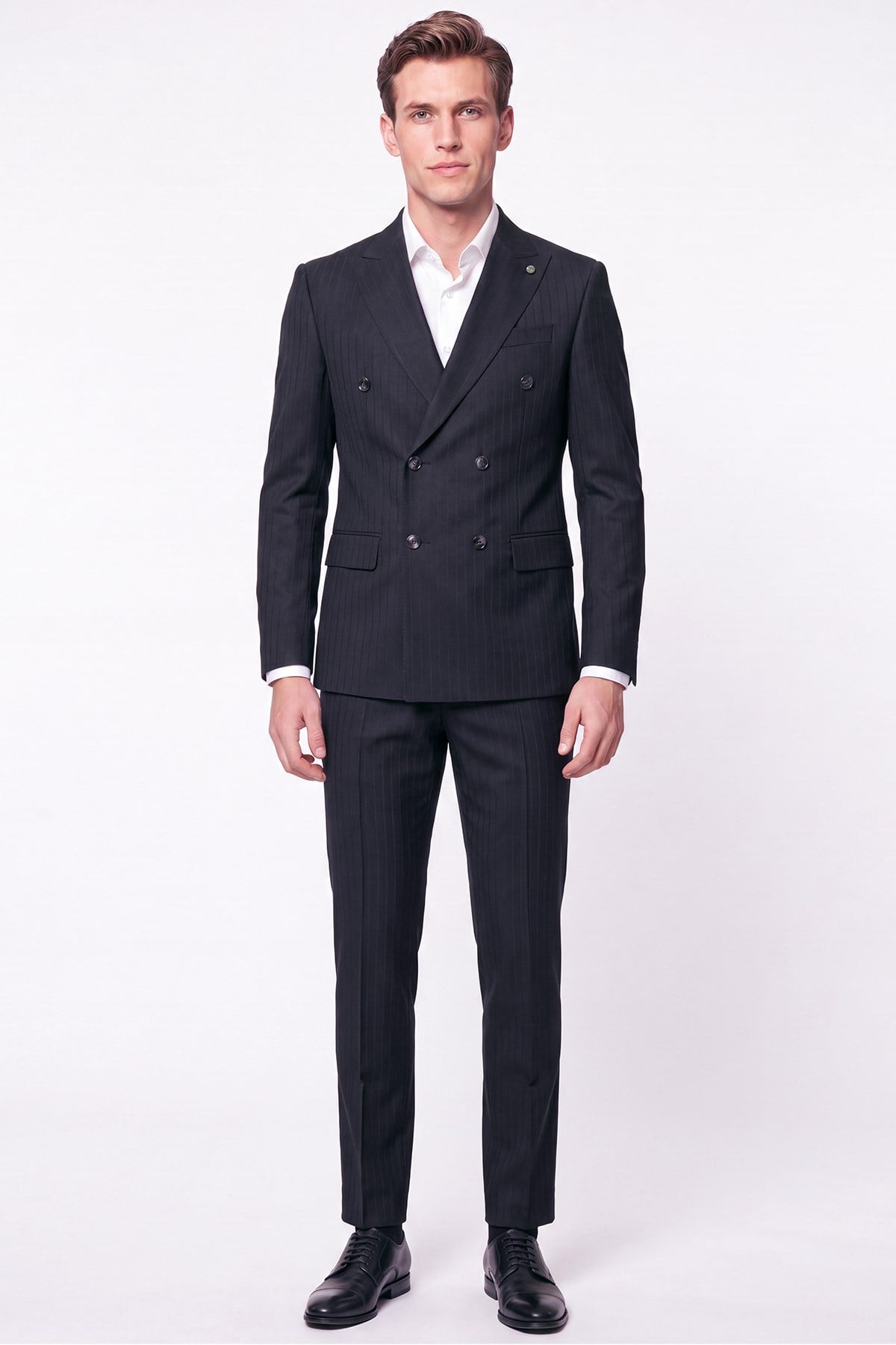 Slim Fit Çift Yırtmaç Esnek Silik Çizgili Siyah Kruvaze Takım Elbise TK 946