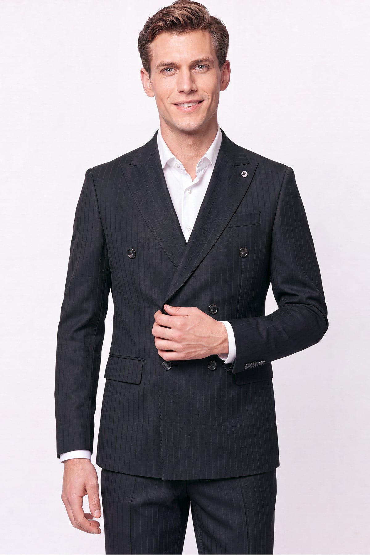 Slim Fit Çift Yırtmaç Esnek Silik Çizgili Siyah Kruvaze Takım Elbise TK 946
