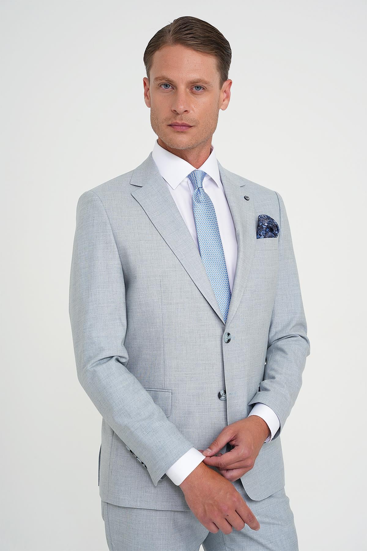 Slim Fit Çift Yırtmaç Esnek Yün Mavi Takım Elbise Tk 918