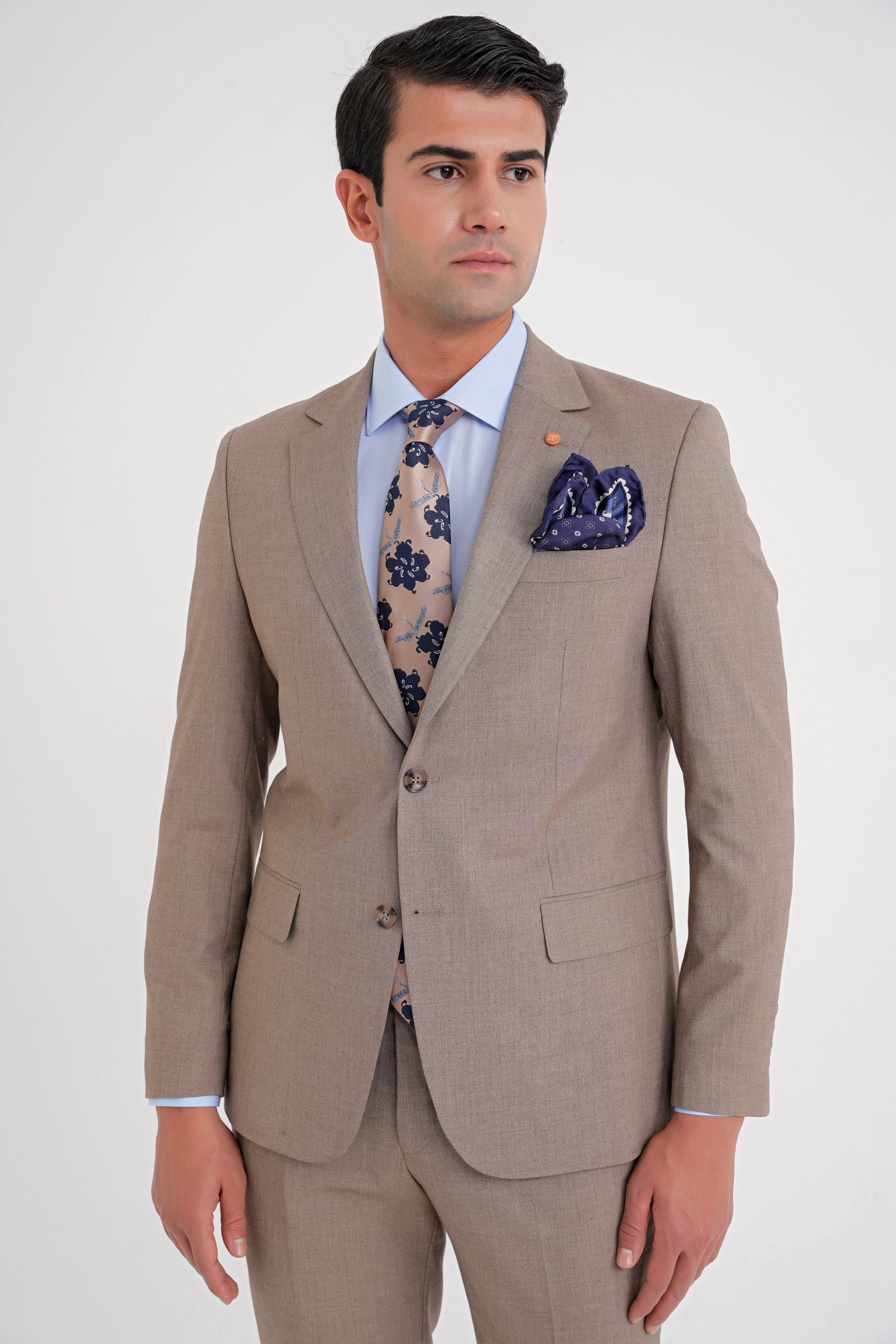 Slim Fit Çift Yırtmaç Esnek Yün Vizon Takım Elbise Tk 918
