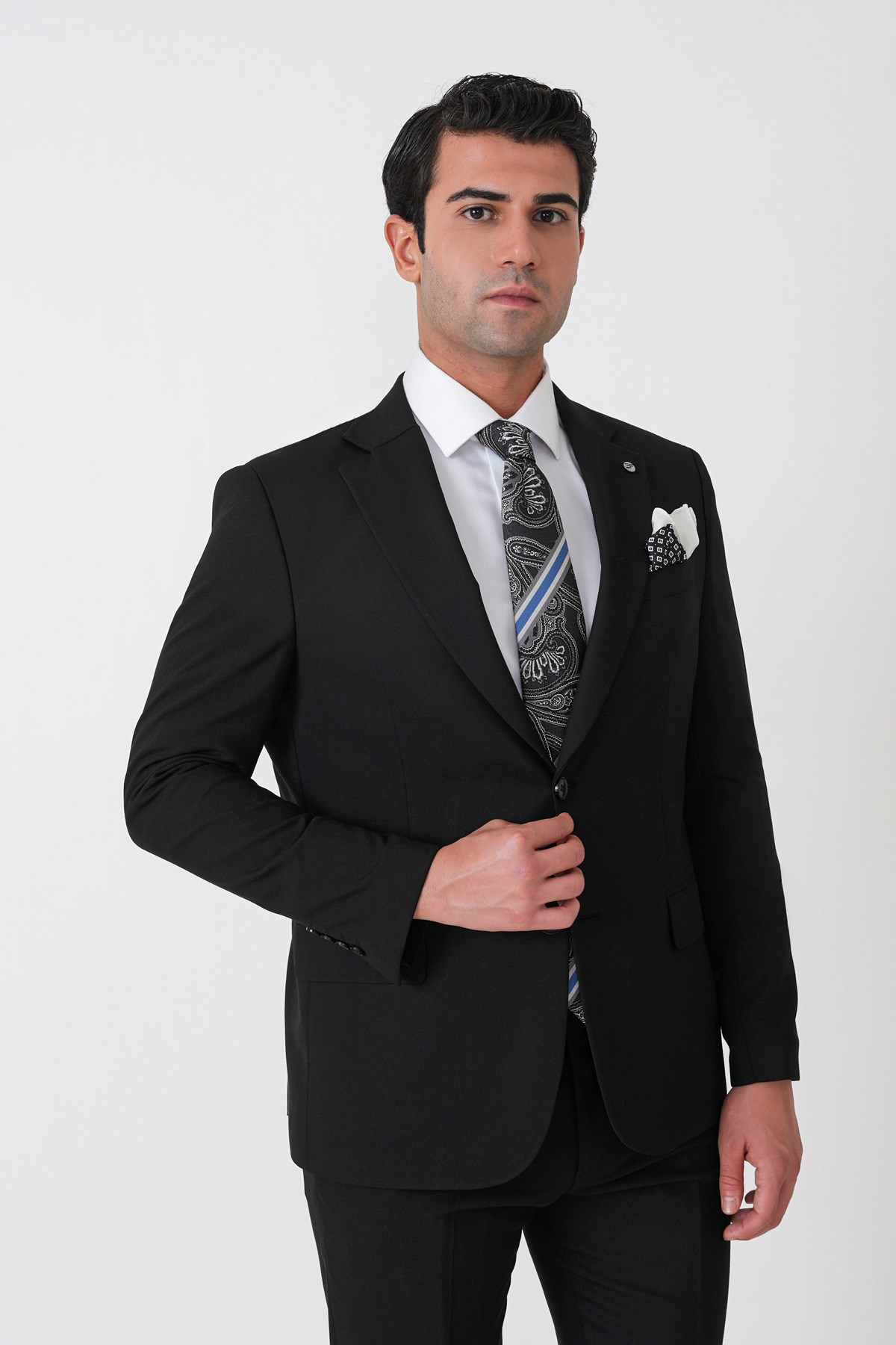 Slim Fit Çift Yırtmaç Esnek Yünlü Düz Siyah Takım Elbise Tk 948