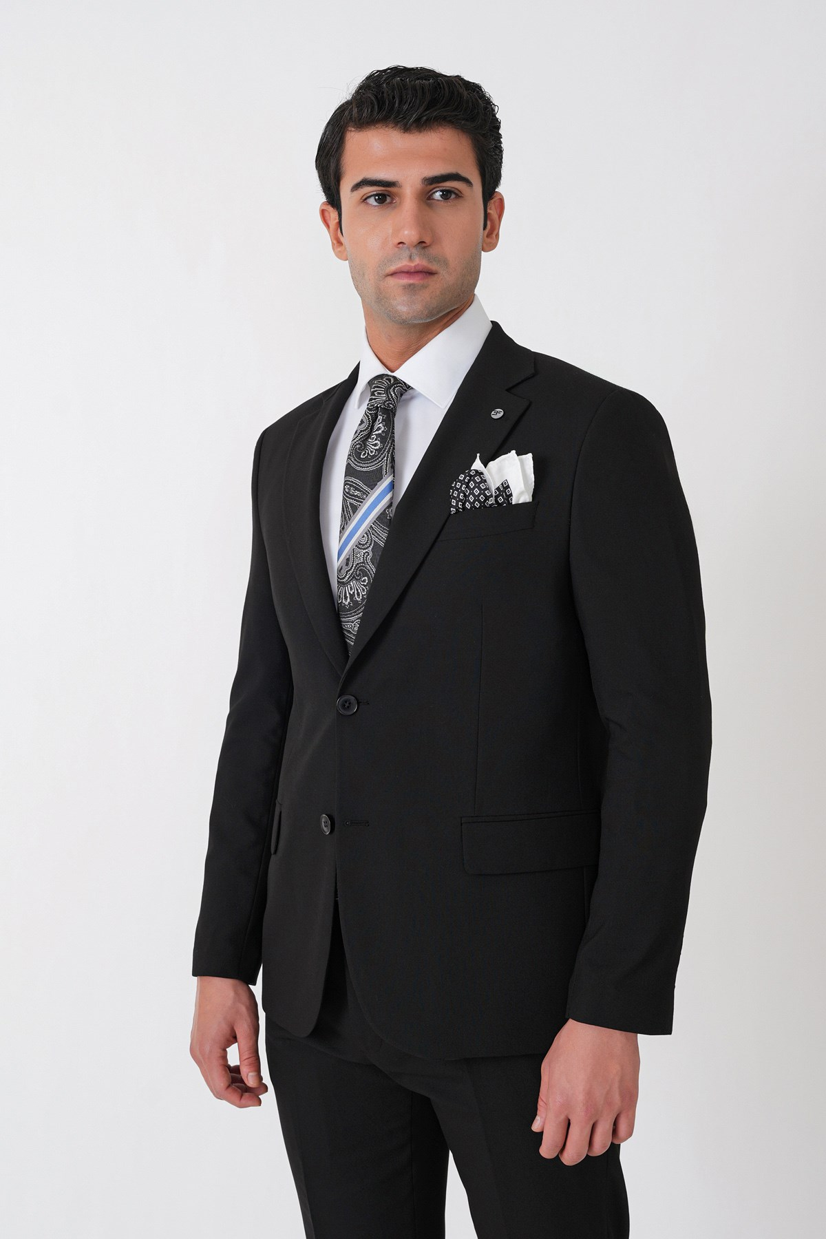 Slim Fit Çift Yırtmaç Esnek Yünlü Düz Siyah Takım Elbise Tk 948