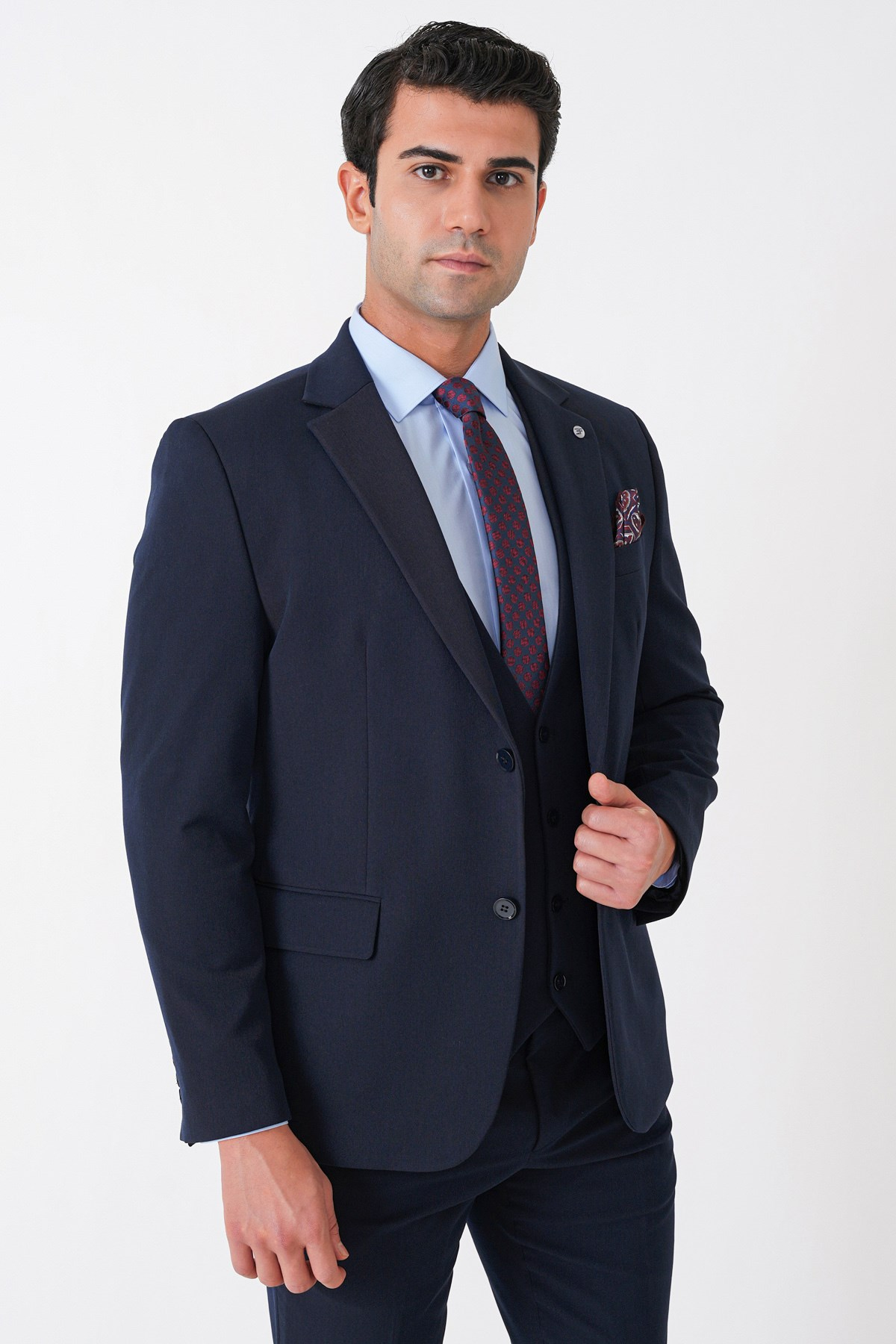 Slim Fit Çift Yırtmaç Esnek Yünlü Lacivert Yelekli Takım Elbise TK 958 